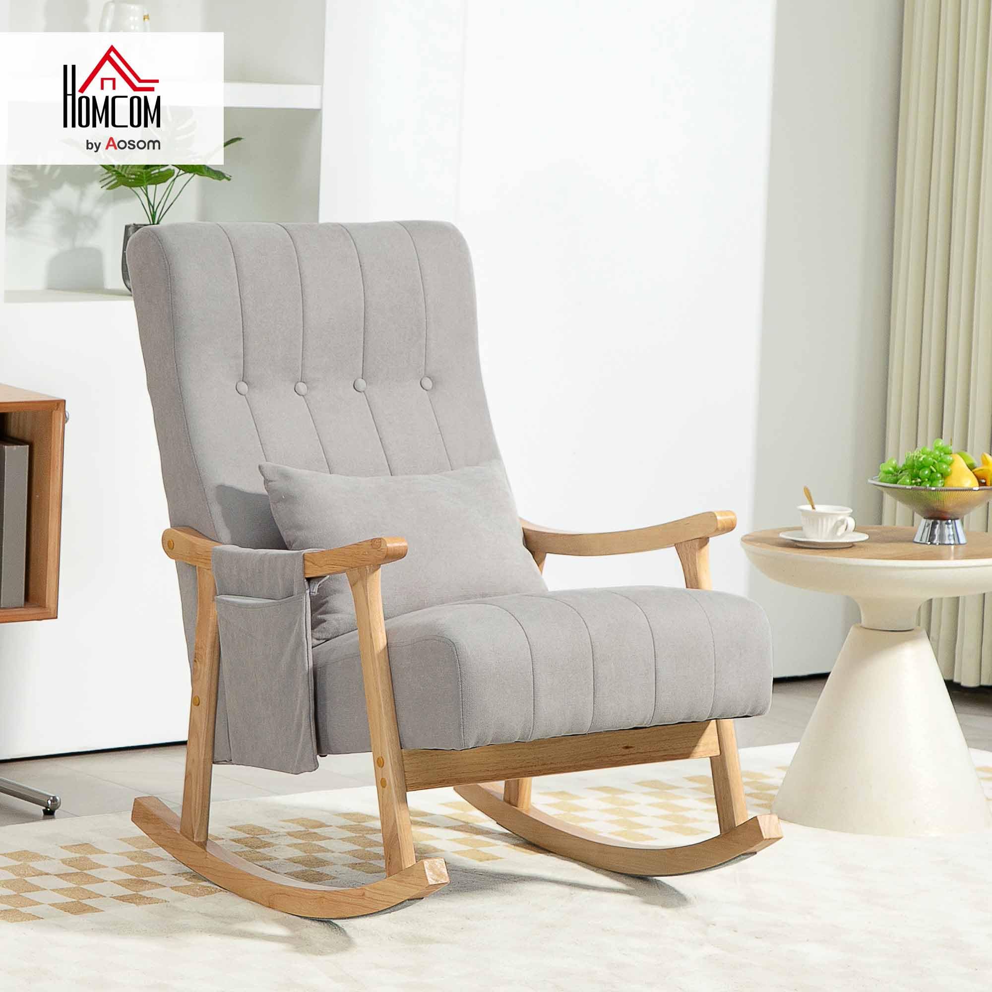 HOMCOM Schaukelstuhl Schaukelsessel mit Rückenlehne, Lendenkissen, Holzkufen, Sessel, Relaxsessel mit Leinenoptik Weich Schwingsessel Stillsessel für Wohnzimmer, Schlafzimmer Grau