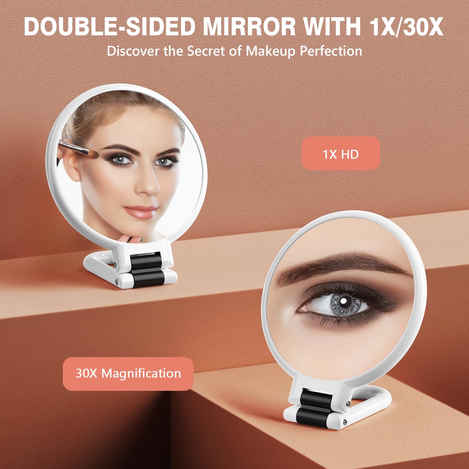 Auxmir Specchio Ingranditore Bifacciale 30X/1X, a Mano 14CM, Alta Definizione, Portatile, Pieghevole, Appendibile, da Viaggio per Trucco, Cura del Viso, Bianco