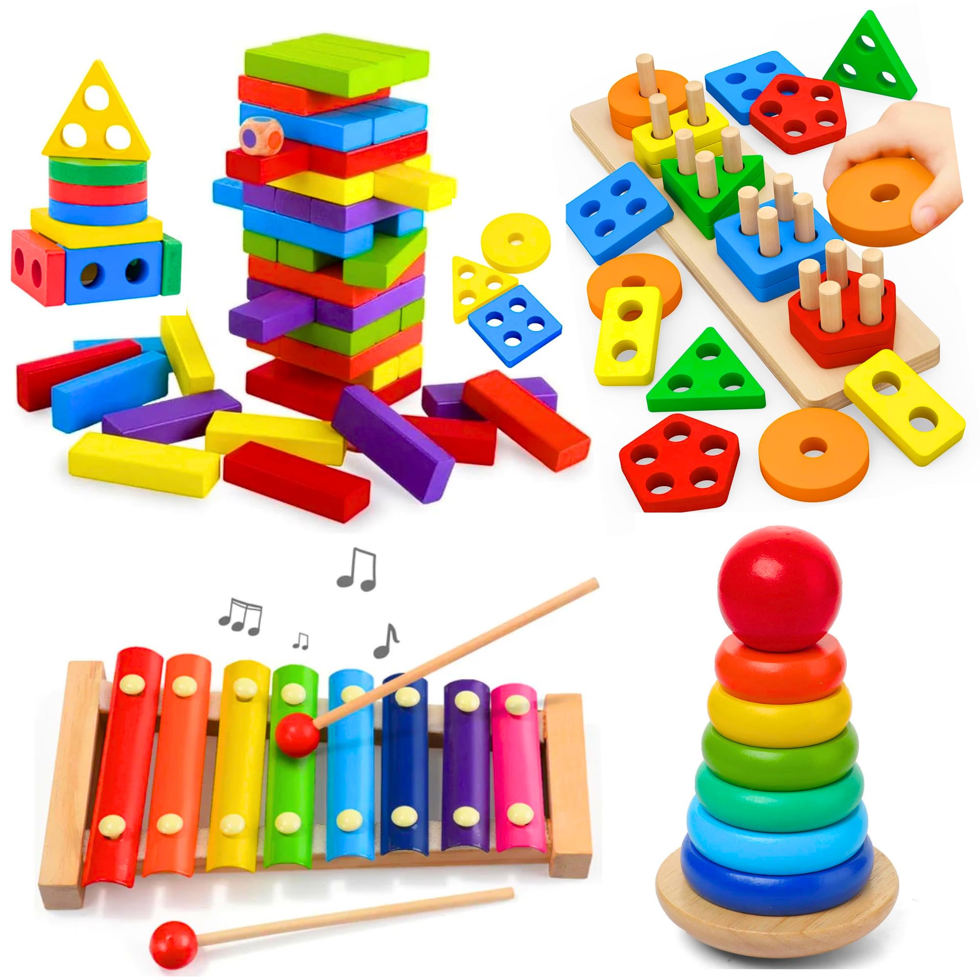 KOTRON 4 IN 1 Wooden Toy Set (Piano Xylophone, wooden blocks, Color Balls Sorting, Sorting & Stacking) Early Education Baby Toys For Boys and Girls
