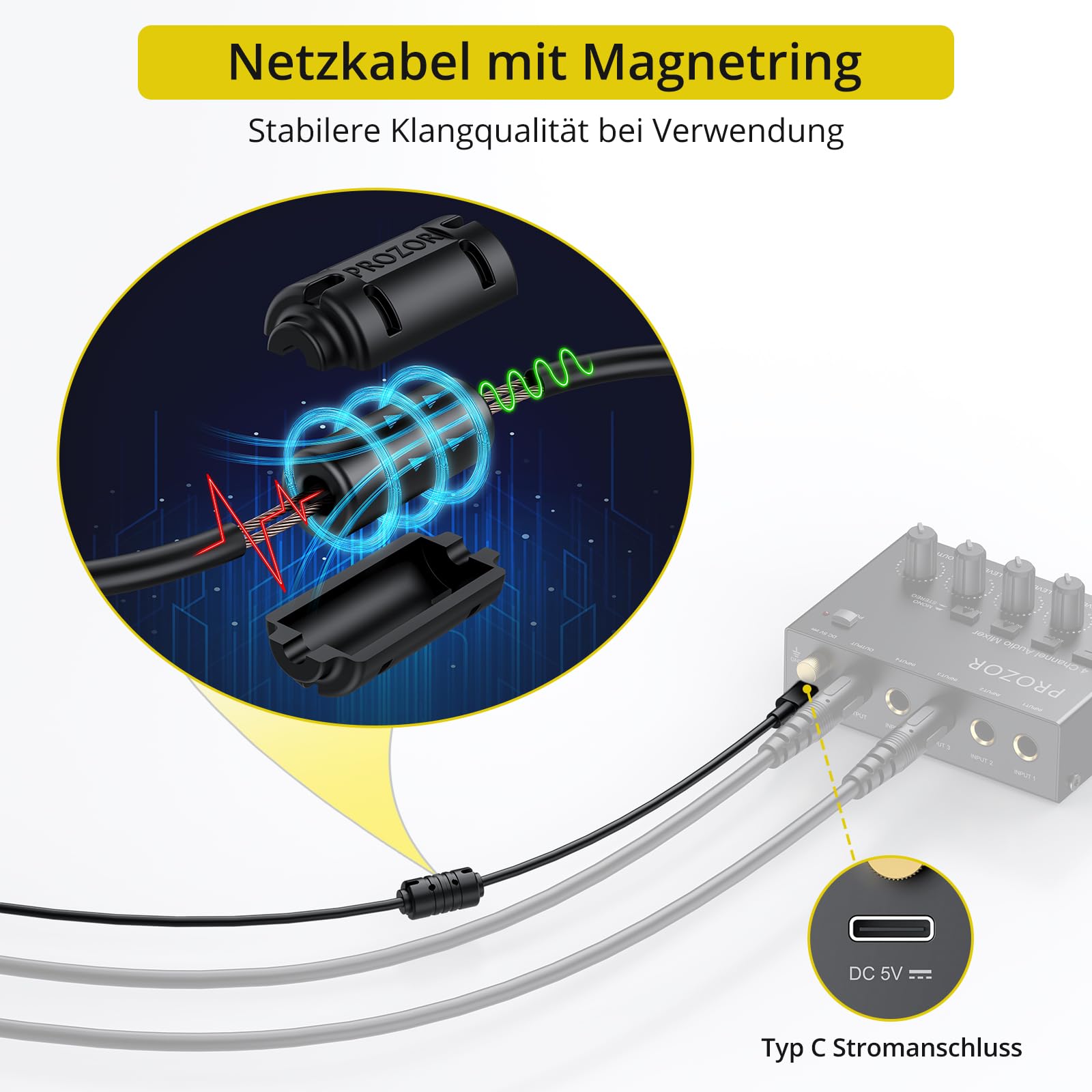 PROZOR 4-Kanal Audio Mixer Aktiver Mischer Mischpult Mit 3,5mm auf 6,35mm Umschaltkopf Kompakte Mischkonsole für Mikrofone, Gitarren, Bass