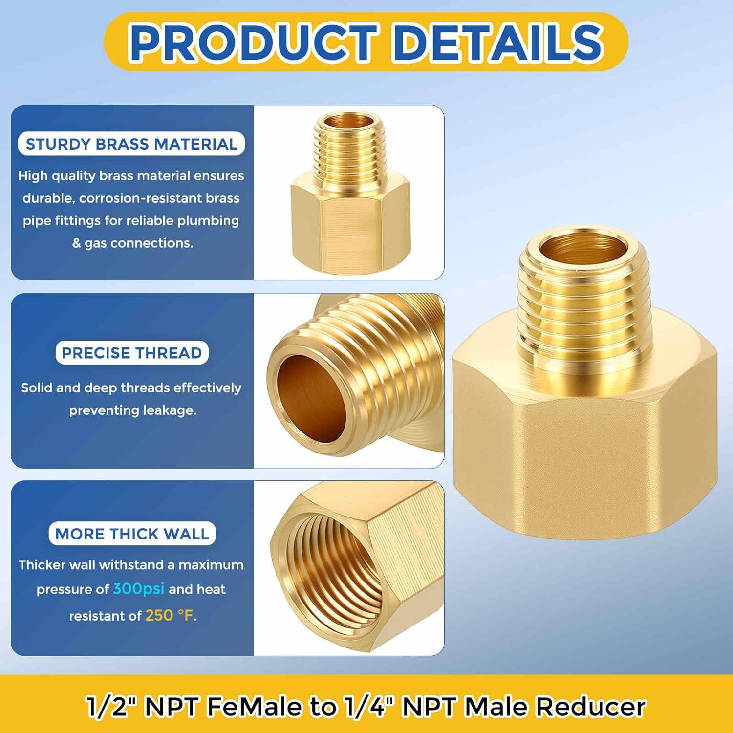 2 Pack Brass Pipe Fittings, 1/2" NPT FeMale to 1/4" NPT Male Brass Pipe Extension Connectors, Reducing Adapters for Air, Oil, LP