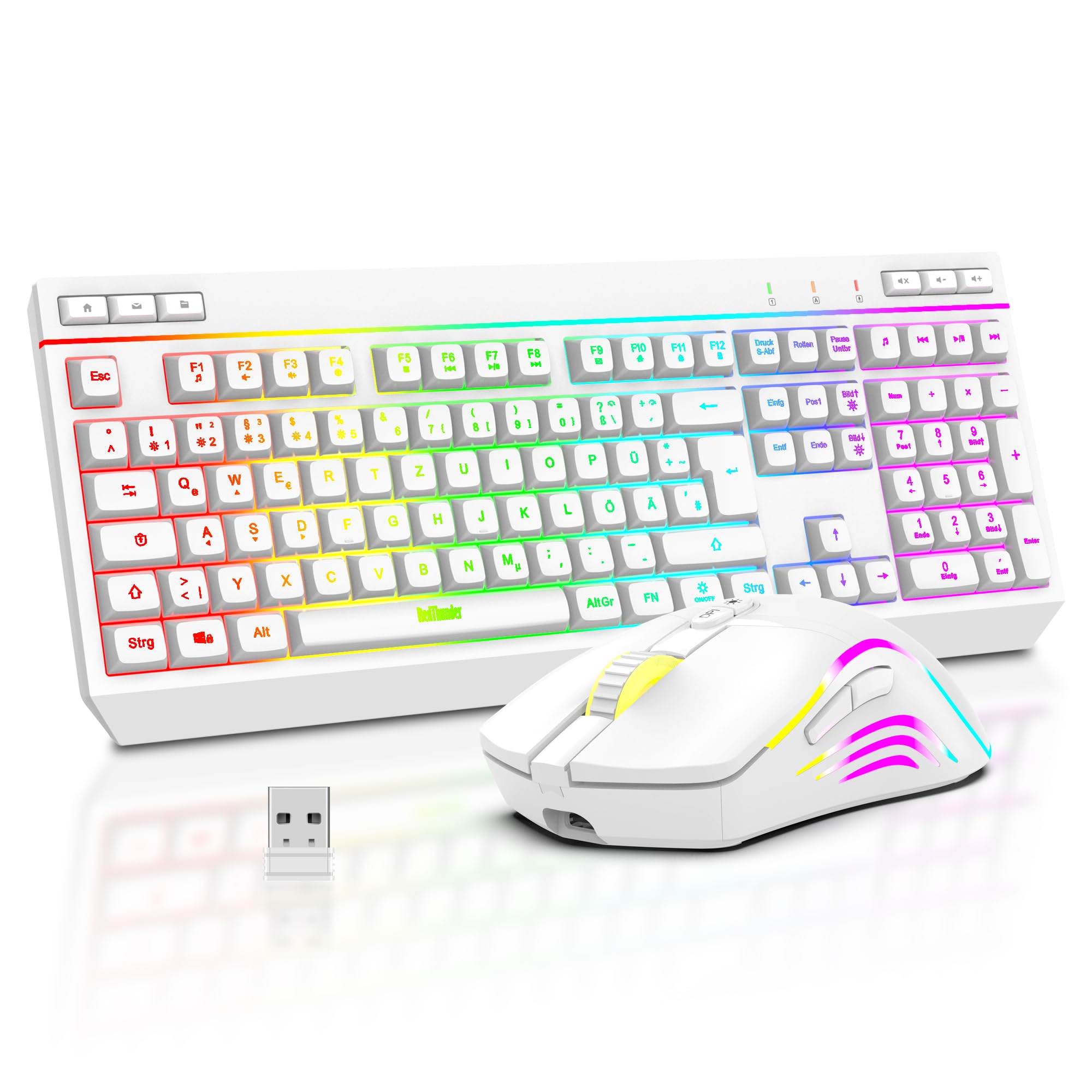 RedThunder K20 Kabelloses Gaming Tastatur und Maus Set, QWERTZ DE Layout, RGB Hintergrundbeleuchtung + Multimedia Funktionstasten, 4800DPI Kabelloses Maus für PC Mac Laptop(Weiß)
