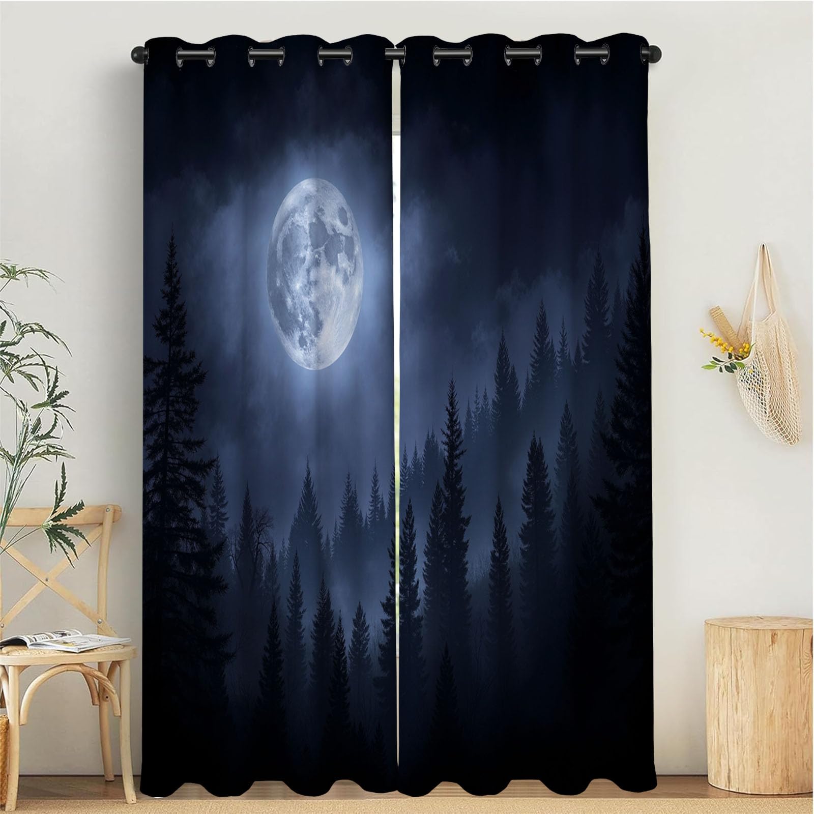 Naturwald Schallschutz Blickdichte Vorhänge Wohnzimmer, Nebelmond Verdunklungsvorhänge, Blauschwarz Thermovorhang Mit Ösen Schlafzimmer - H215 x B110 cm (2er Pack)