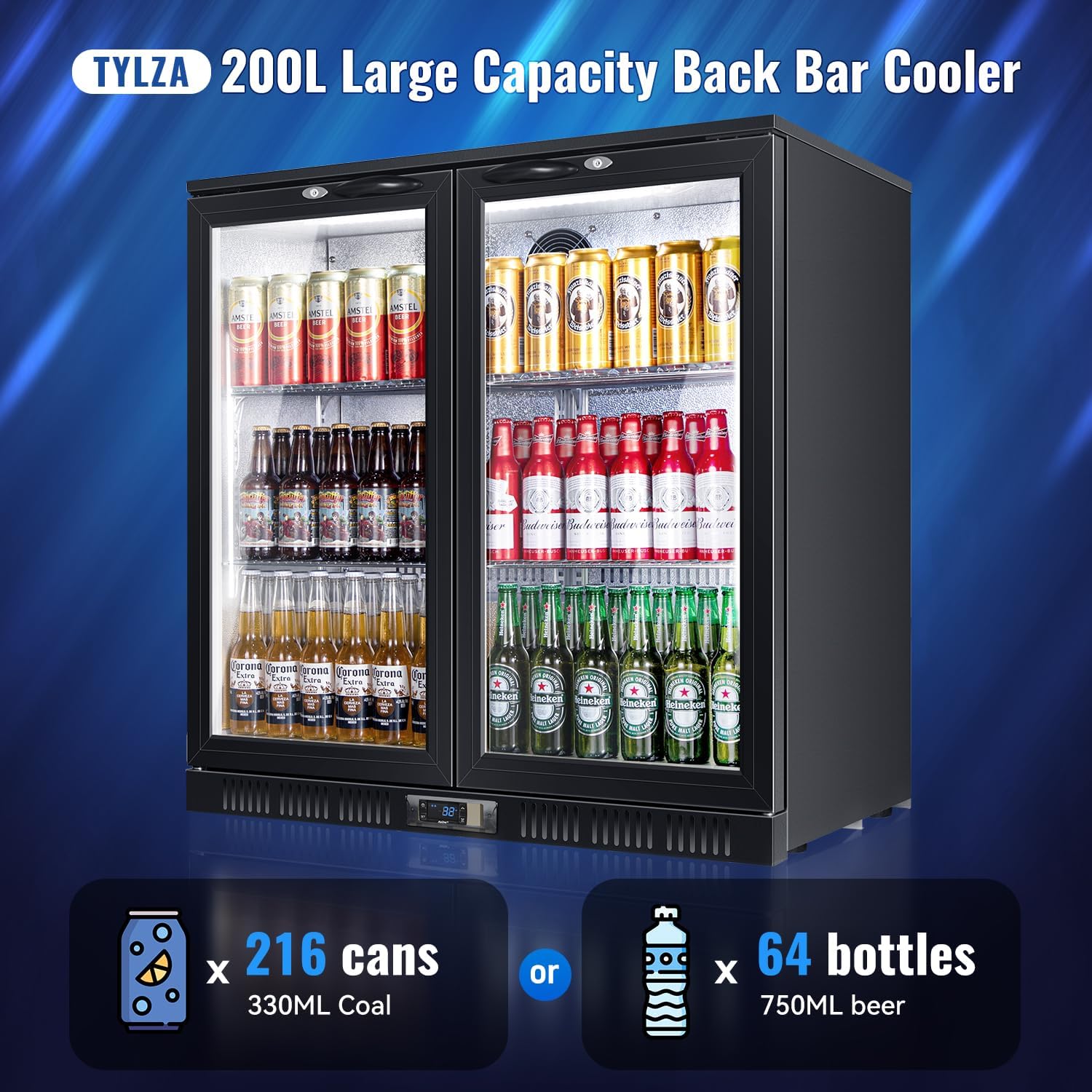 Tylza Back Bar Cooler With 2 Glass Doors, 200L Under Counter Back Bar Refrigerator with LED Lighting, Safety Locks, Counter Height Bar Beverage Cooler for Beer, Soda Drinks, Wine, Black 200L Back Bar Cooler Black(Double Door) image 2 of 9 B0DT4TTDGF