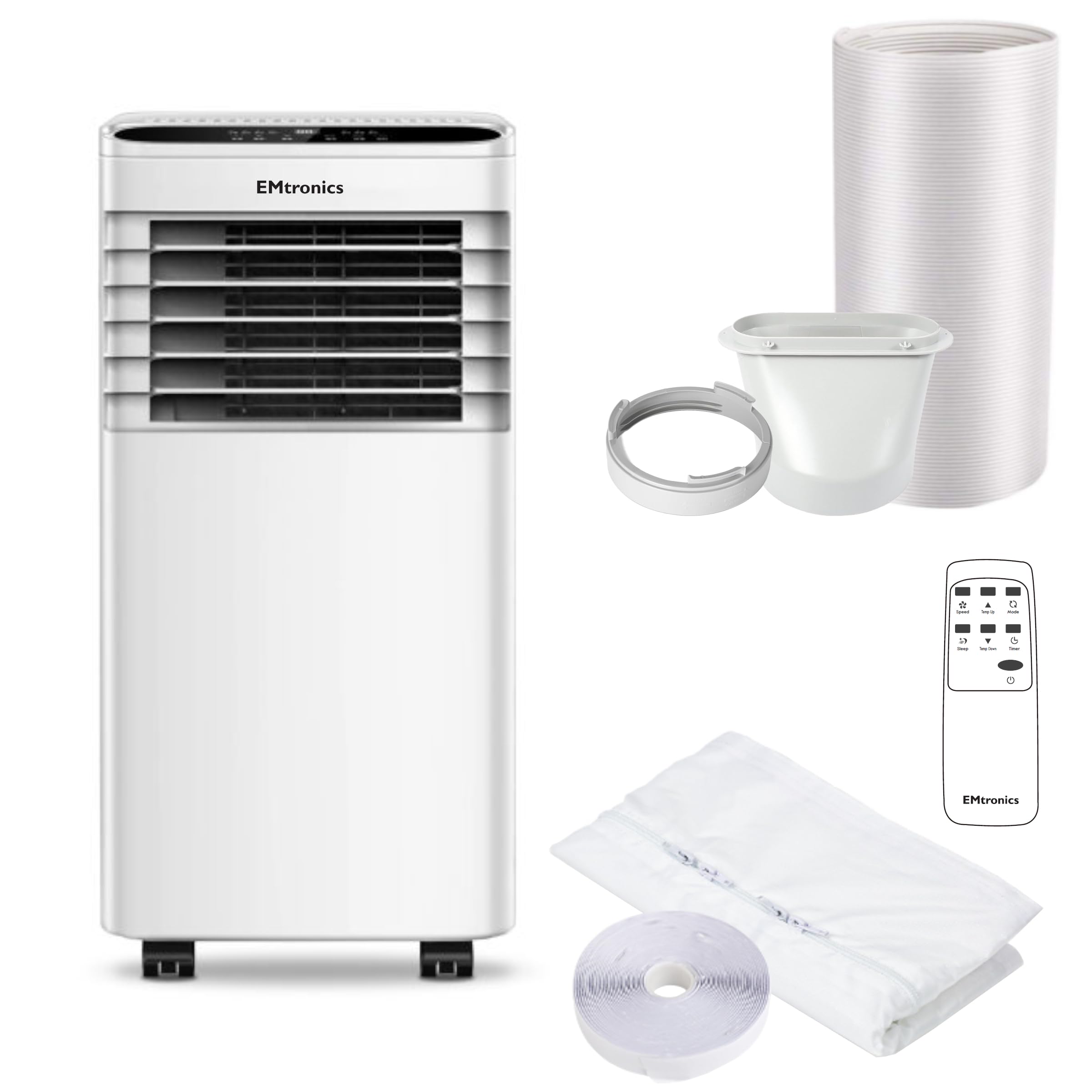 EMtronics EMAC9KW 9000BTU Portable Air Conditioner, Dehumidifier and Cooling Fan with Remote Control, 24 Hour Timer and Air Con Window Vent Kit - White [Energy Class A]