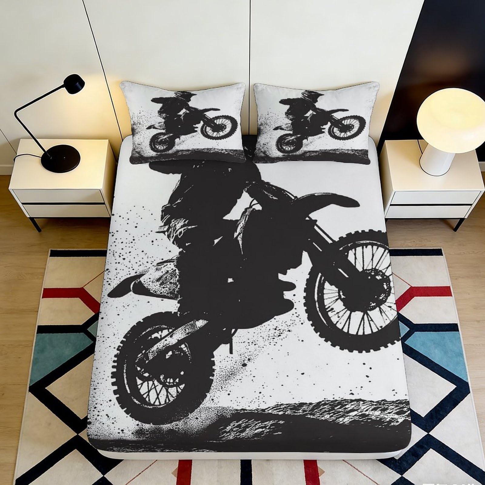 3D Printed Motocross Fitted Sheet Microfiber Durable Lightweight Dirt Bike Mattress Cover for Bedroom Dormitory Guest Room Mattress Protection 120x200x25cm