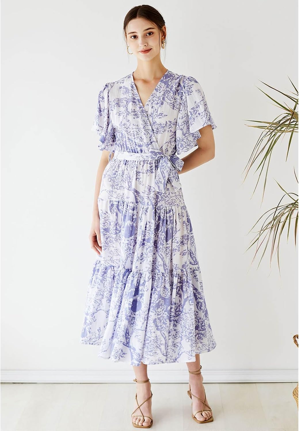 CHICWISH Women Summer V Neck Faux-Wrap Dress Branch Printed Casual Long Dress Flutter Short Sleeve Maxi Dresses with Belt - Image 9