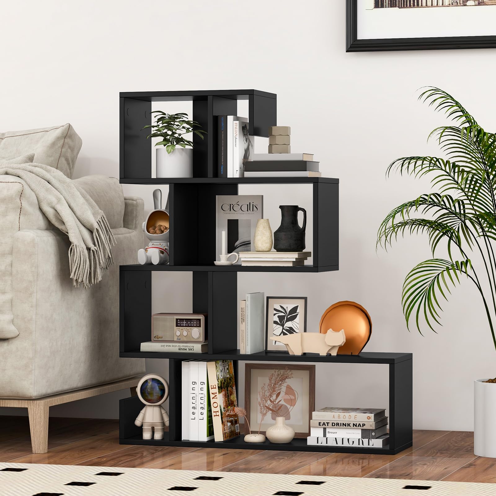 COSTWAY Libreria a Forma di S a 4 Ripiani, Scaffale Aperto Portaoggetti in Legno, Scaffale Verticale Separatore Multifunzionale, per Camera da Letto, Studio, Soggiorno, 80 x 22 x 100 cm (Nero)