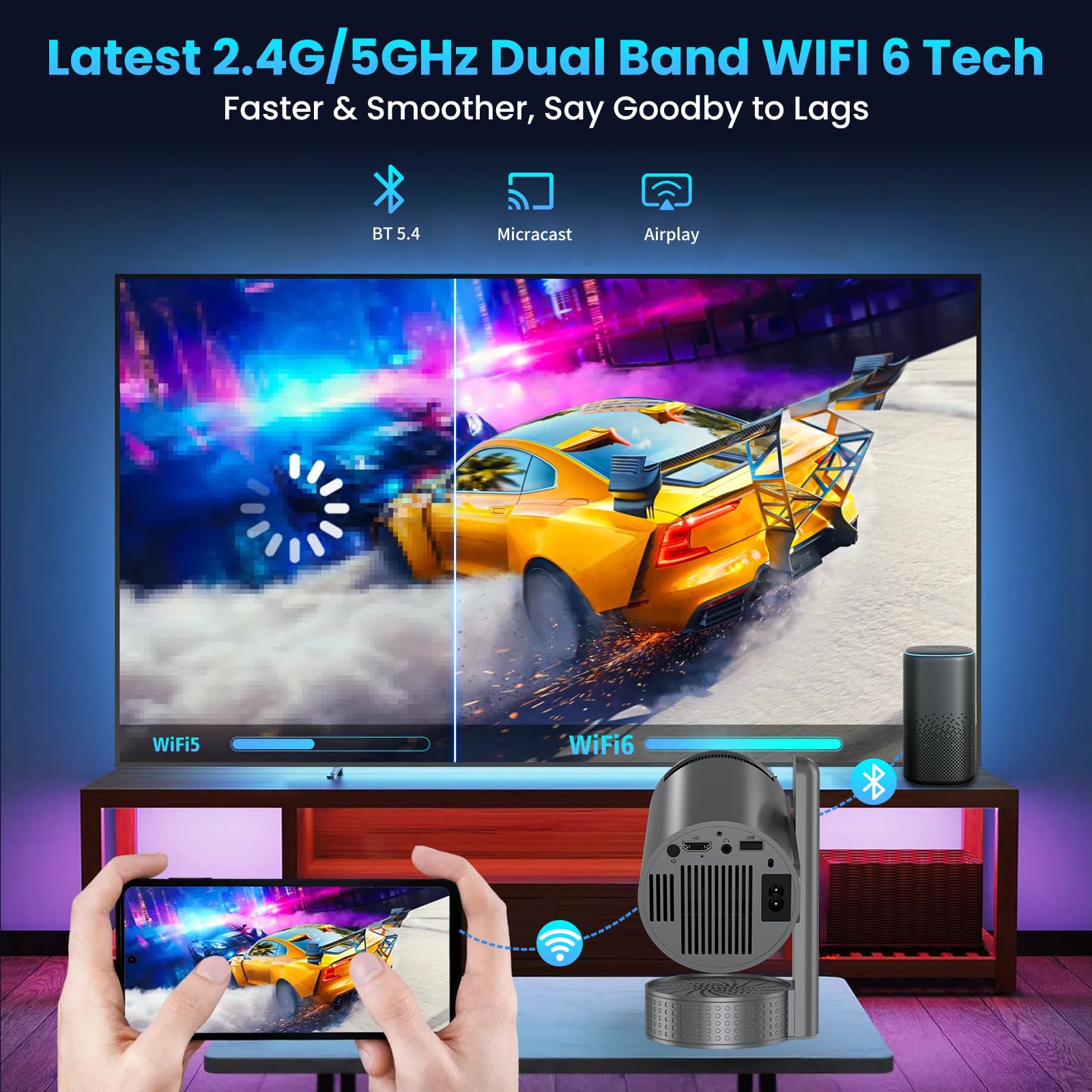 Vidéoprojecteur 4K, Mini Projecteur avec WiFi 6 BT5.4, Correction Trapézoïdale, 270° Rotation, Base de Son, Compatibile avec HDMI/USB/PS5, Retroprojecteur Portable pour Chambre, Maison et Extérieur