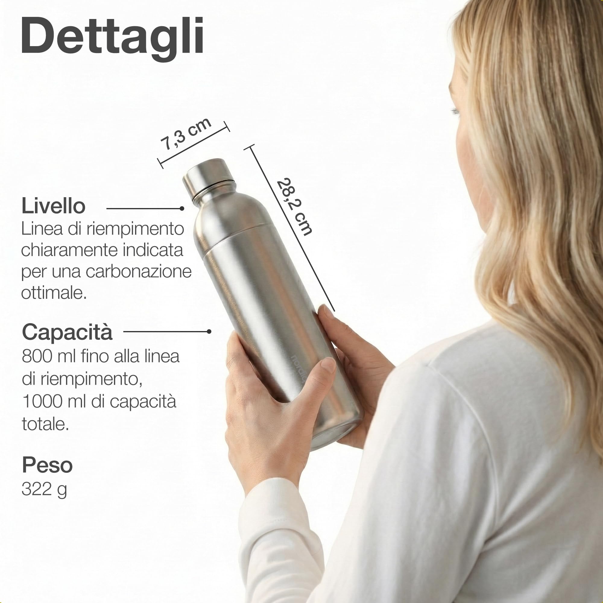 Bottiglia Inox 1L | Compatibile con Aarke Carbonator 3, SodaStream Duo & Bottiglie Plastica | Non per Crystal & Jet | Senza scadenza | Senza plastica