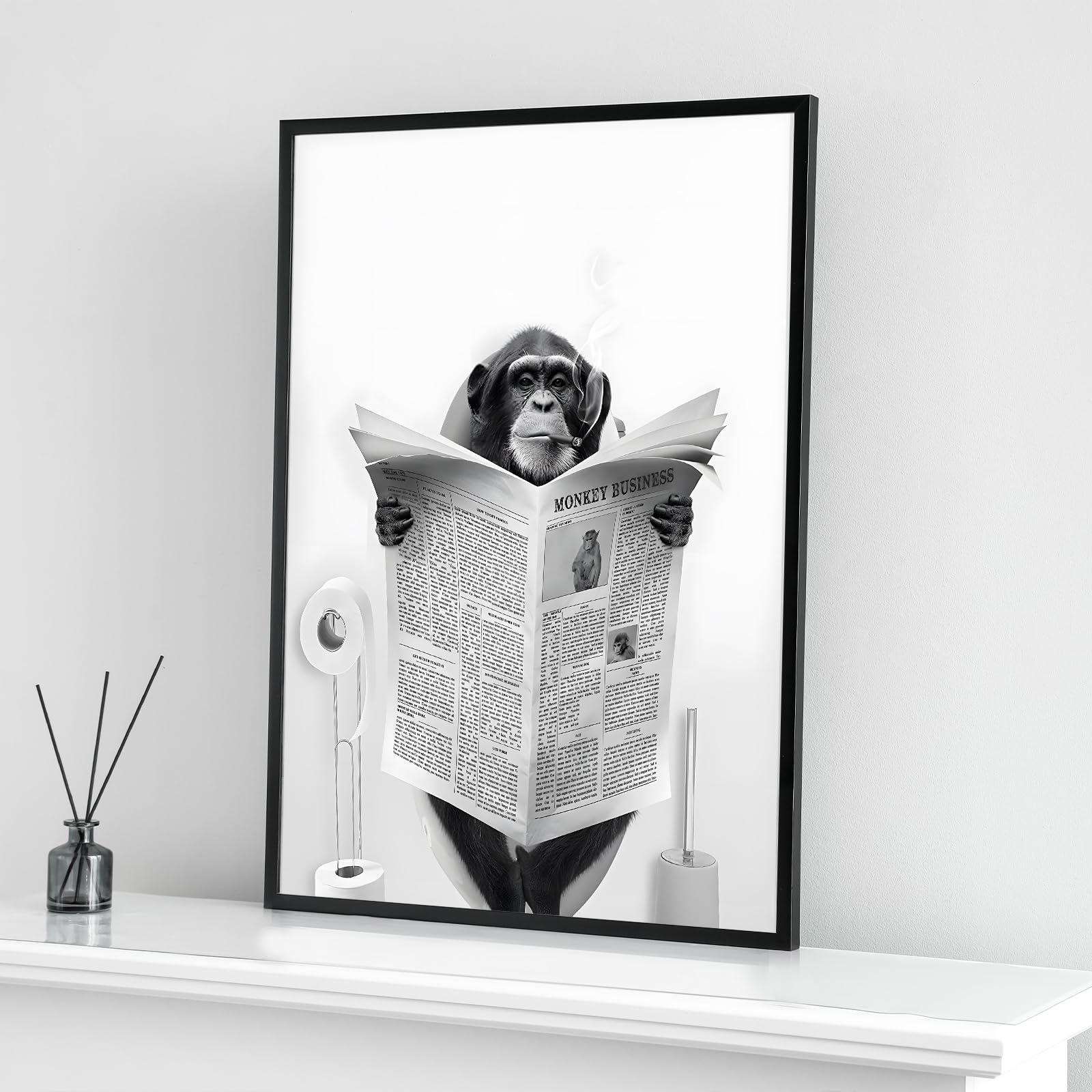 Cute Newspaper Animal Wall Art Black and White Canvas Printed Cabin Bathroom Decoration Bath Wall Picture Frameless Monkey 1 Piece 20 x 30 cm - Image 2