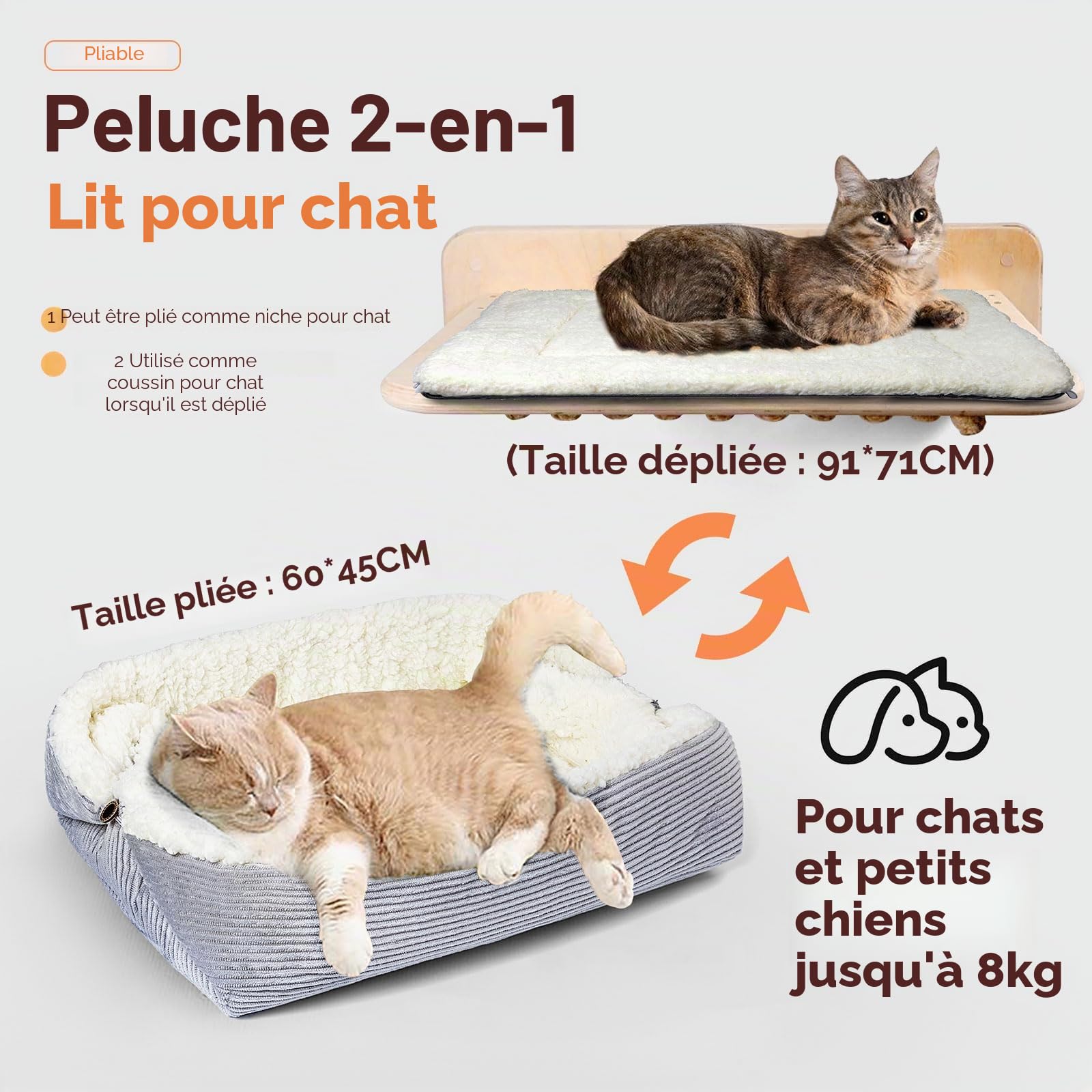 Lits pour Chats Auto-Chauffants pour Chats de Grande Taille et Petits Chiens - 60x45 cm - Lits pour Chats Lavables, Réversibles et Convertibles pour Chats d’Intérieur, Doux et Moelleux