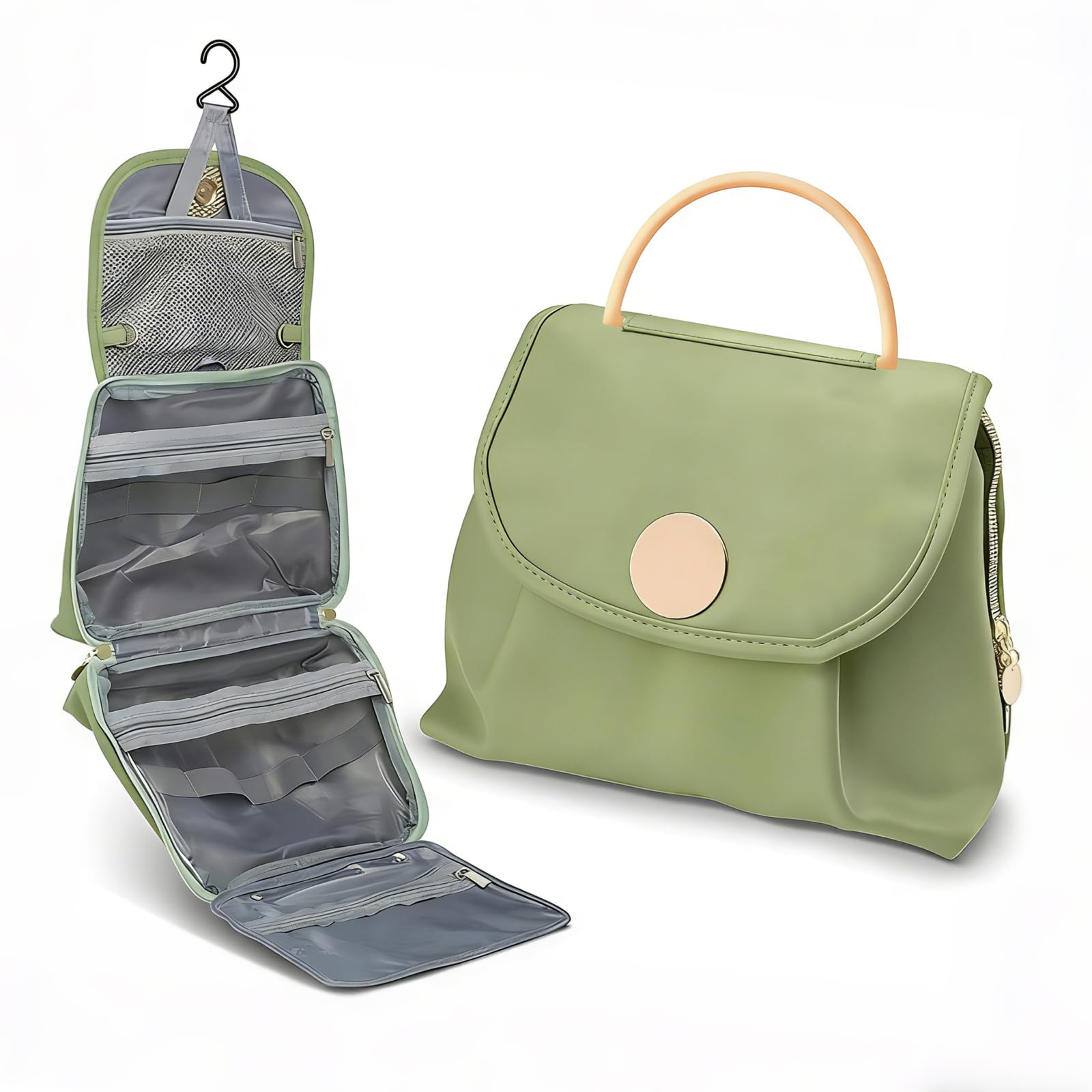 Leder-Kulturbeutel, wasserfester Reise-Kosmetikorganizer, 11,5 x 10,8 x 2,5 in / 29,3 x 27,5 x 6,4 cm, hängende Waschtasche mit Griff, mehrschichtiger Stauraum für grüne Badezimmer-Essentials