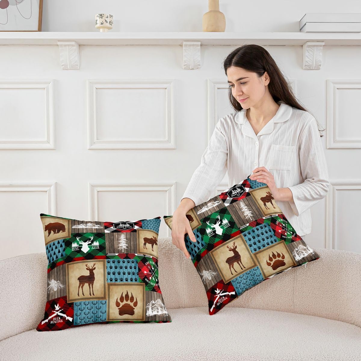 Buffalo Grid Throw Pillow Covers 24x24 Inch Set of 2 Hunting Bear Deer Pillow Covers for Sofa Rustic Farmhouse Style Cushion Cases Christmas Moose Wild Animals Decorative Pillow Covers Brown Red Blue