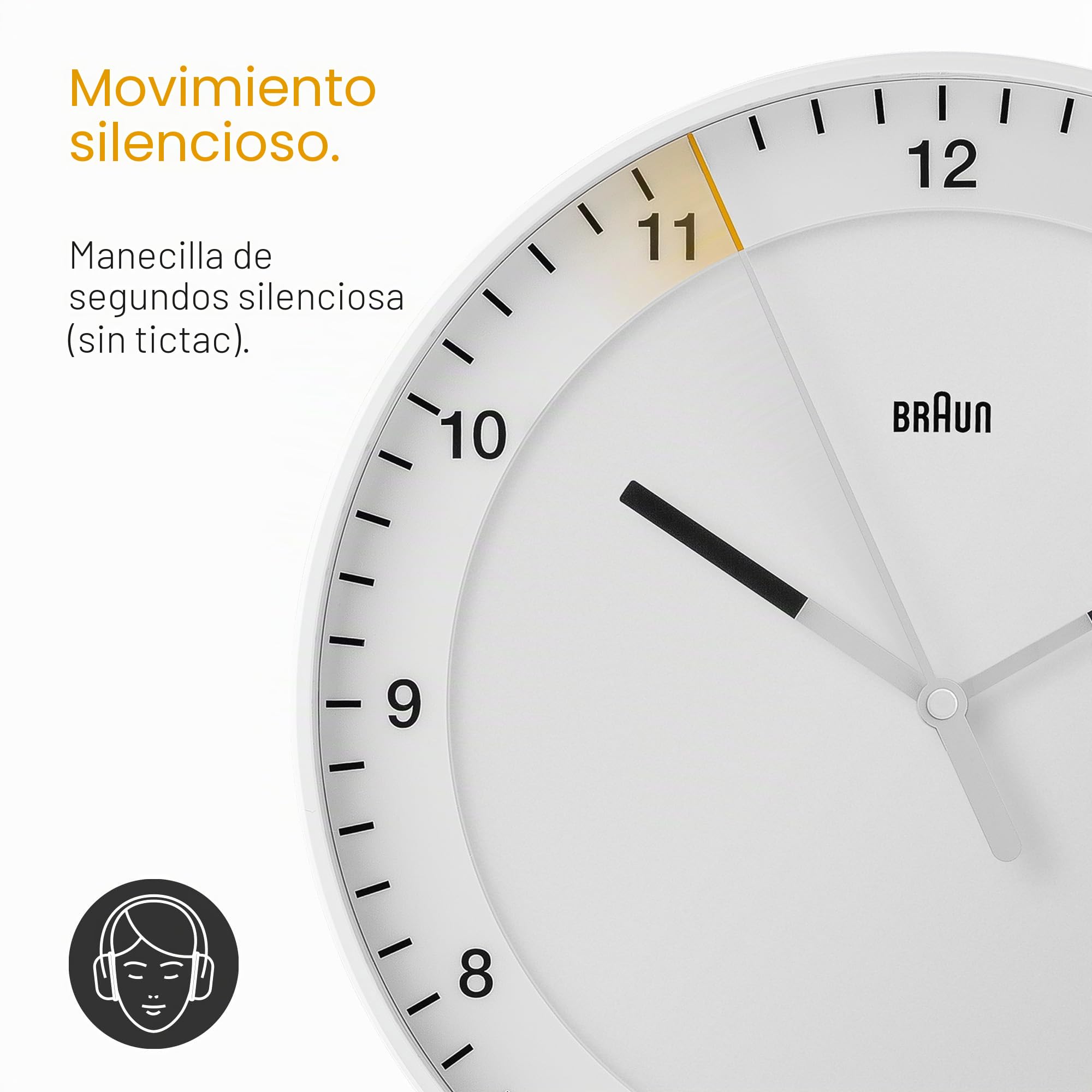 Braun Reloj de Pared analógico Grande clásico Movimiento de Agujas silencioso, de fácil Lectura, diámetro del 30 cm en Blanco, Modelo BC17W.