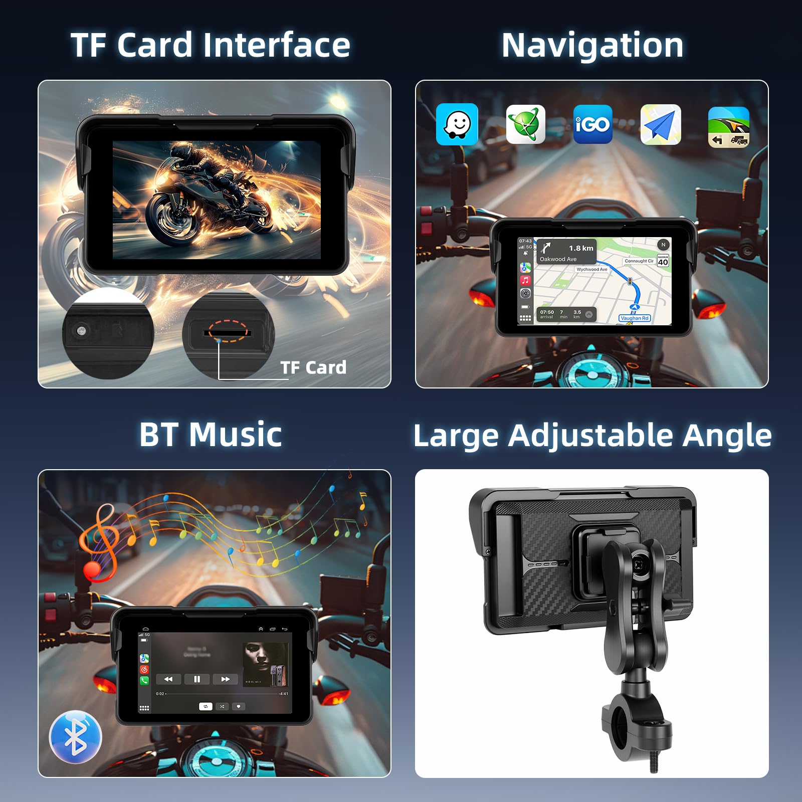 Motorrad Carplay Bildschirm mit Navigation, Tragbarer 5 Zoll Wasserdichter Touchscreen mit Kabelloses CarPlay und Android Auto Motorrad, Bluetooth, EQ, Kalibrierung Berühren