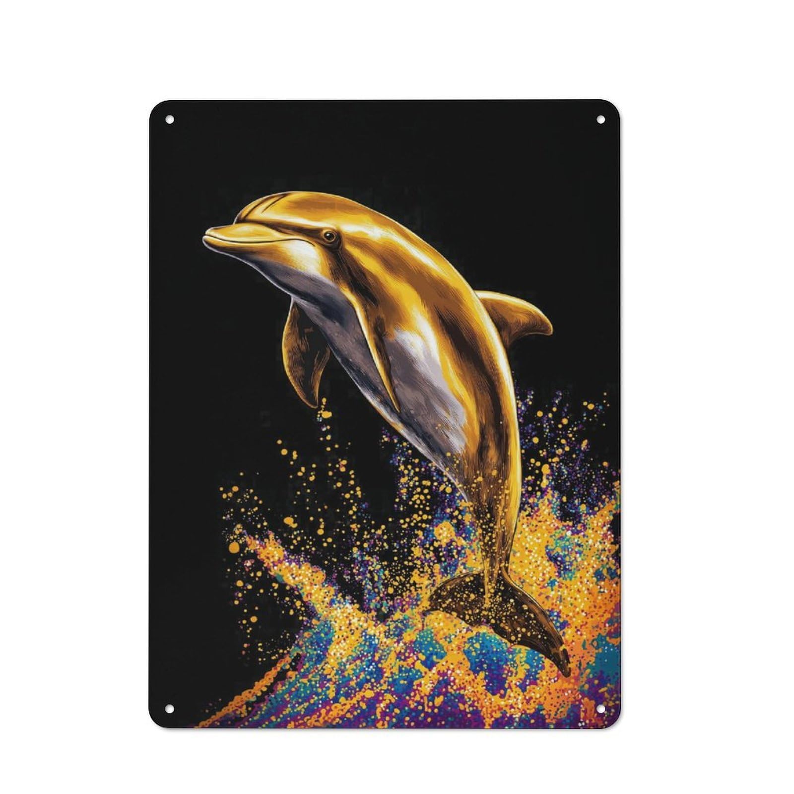 Junmoney Golden Dolphin Splash Artwork-1 Retro Metal Plaque 40X30cm For Living Room Or Hallway, For An Autumn Wall Display In Living Room And Hallway