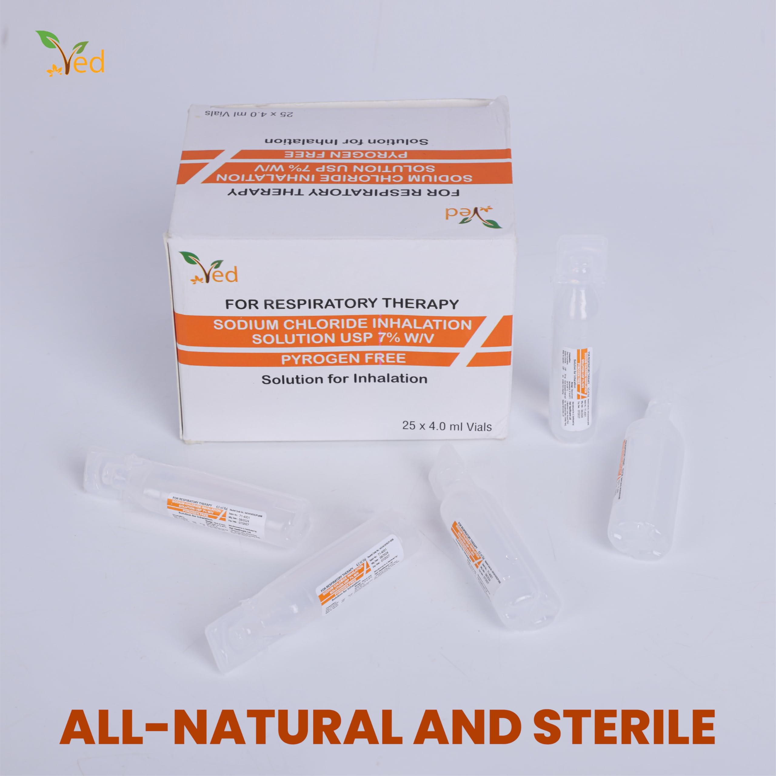 Solución salina hipertónica para inhalación VED, cloruro de sodio (NaCl) al 7%, 25 viales de dosis unitaria de 4,0 ml para adultos y niños.