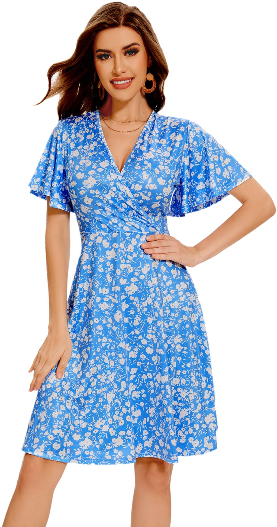 Women Casual Summer Dress 2025 Beach Vacation Floral Sundress Short Sleeve Wrap V-Neck Modest Dresses