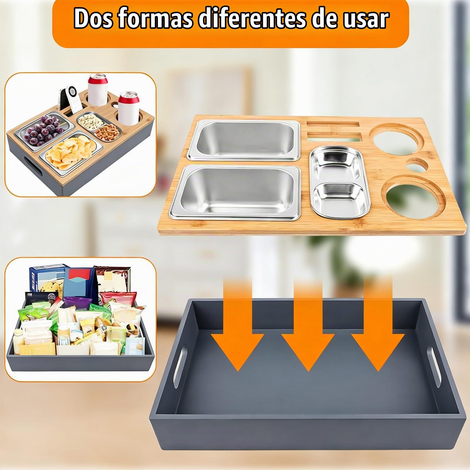Bandeja Sofá con Cuencos Aperitivos Acero Inoxidable & Tapa Extraíble, Tazones Refrigerios Bambú con 2 Soporte Botellas, Caja Refrigerios para Sala Estar,Picnic,Fiesta,Salón,Dormitorio,Jardín,Camping