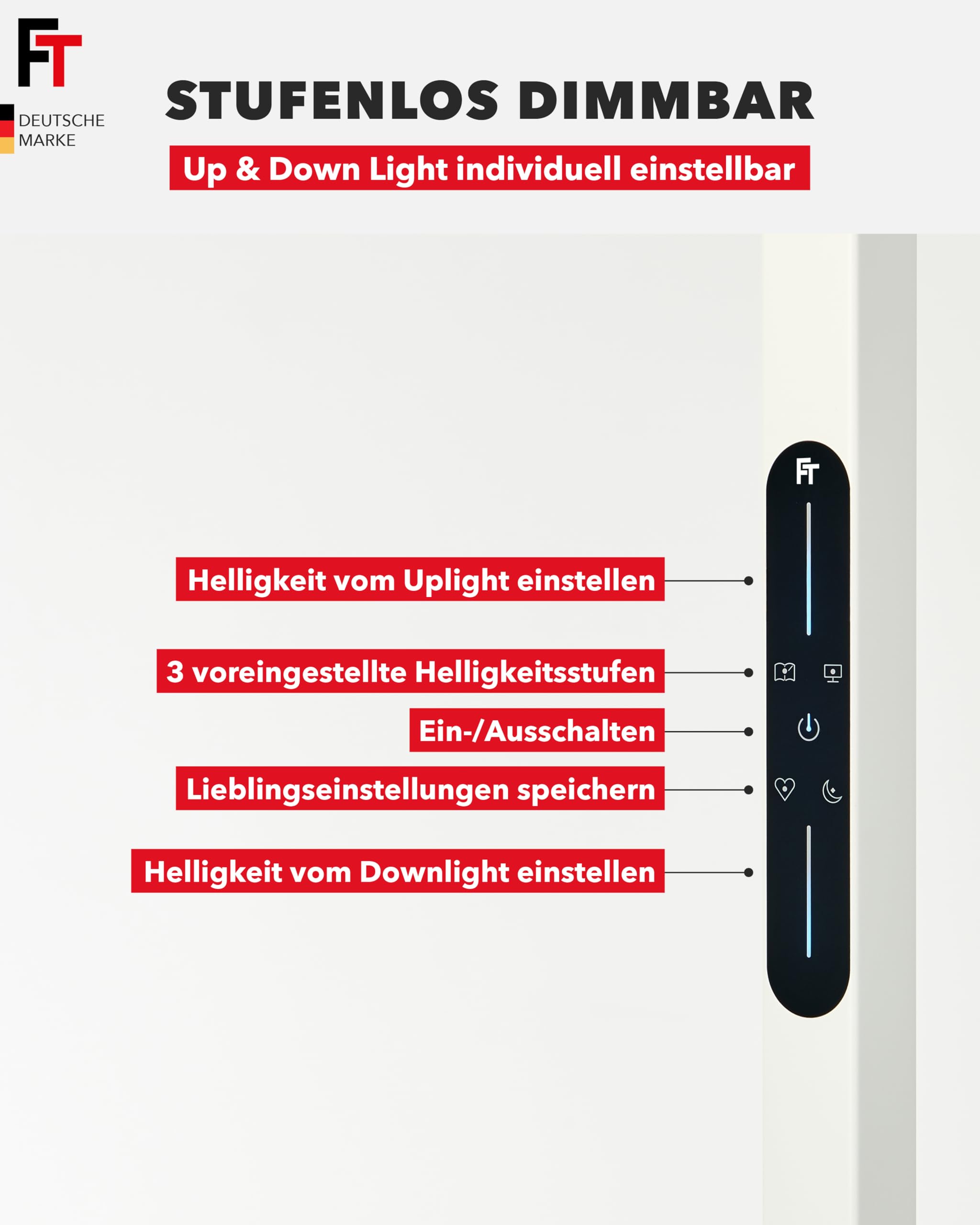 FeinTech LT920 LED Büro Stehlampe 100W Dimmbar 40W Down + 60W Up, UGR < 16, Ra > 98 und RG0 Vollspektrum Augenschutz LED Standleuchte, 8400 Lumen Tageslicht Bürolampe 4000K