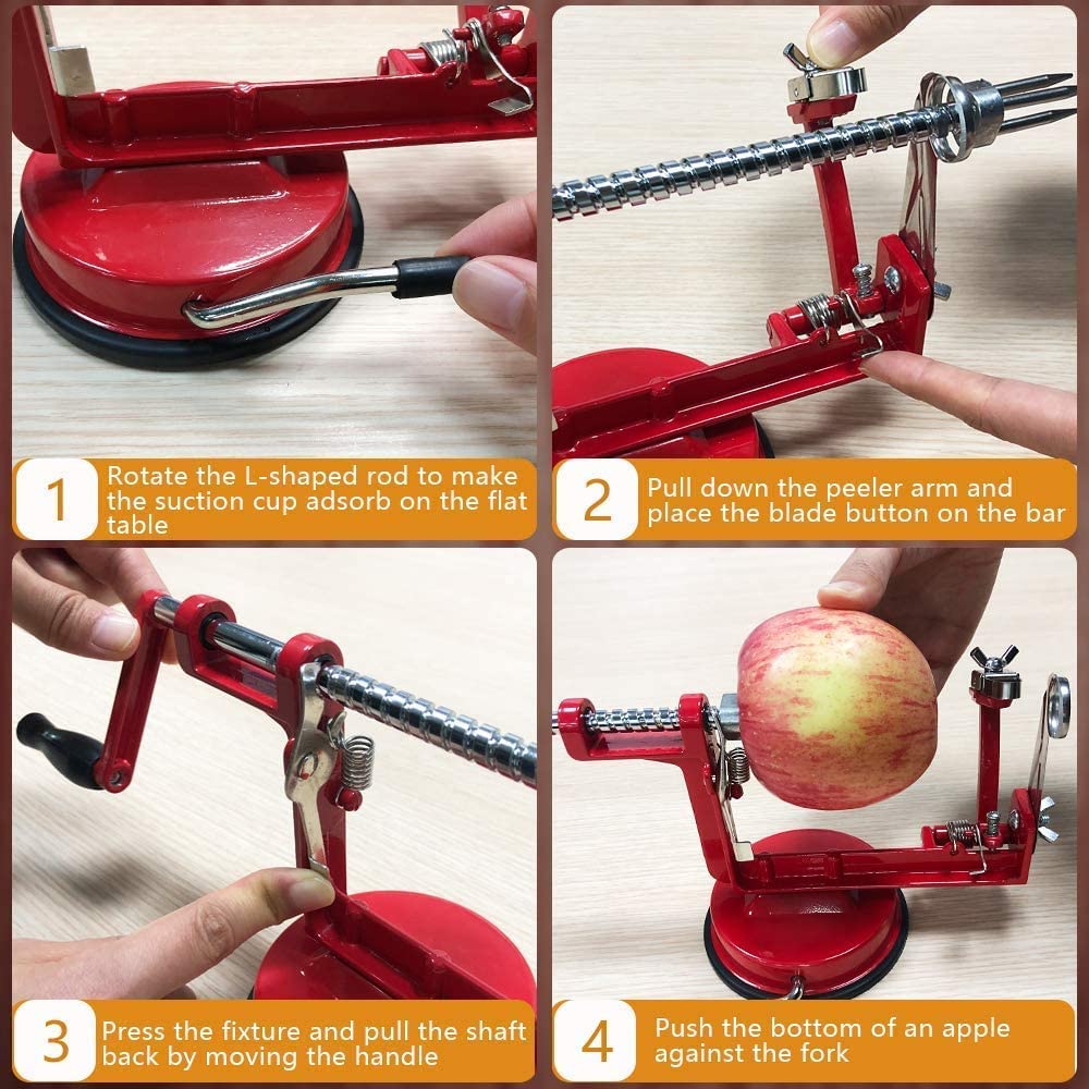 Apfelschäler, Edelstahl, Apfelentkerner, Schäler, strapazierfähig, druckgegossene Magnesiumlegierung, Apfelschäler mit Saugfuß (rot)
