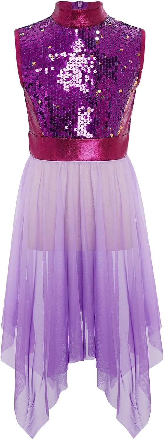Oyolan Kids Girls Liturgical Praise Dance Dress Lyrical Contemporary Tunic Sleeveless Mock Neck Shiny Sequins Gown