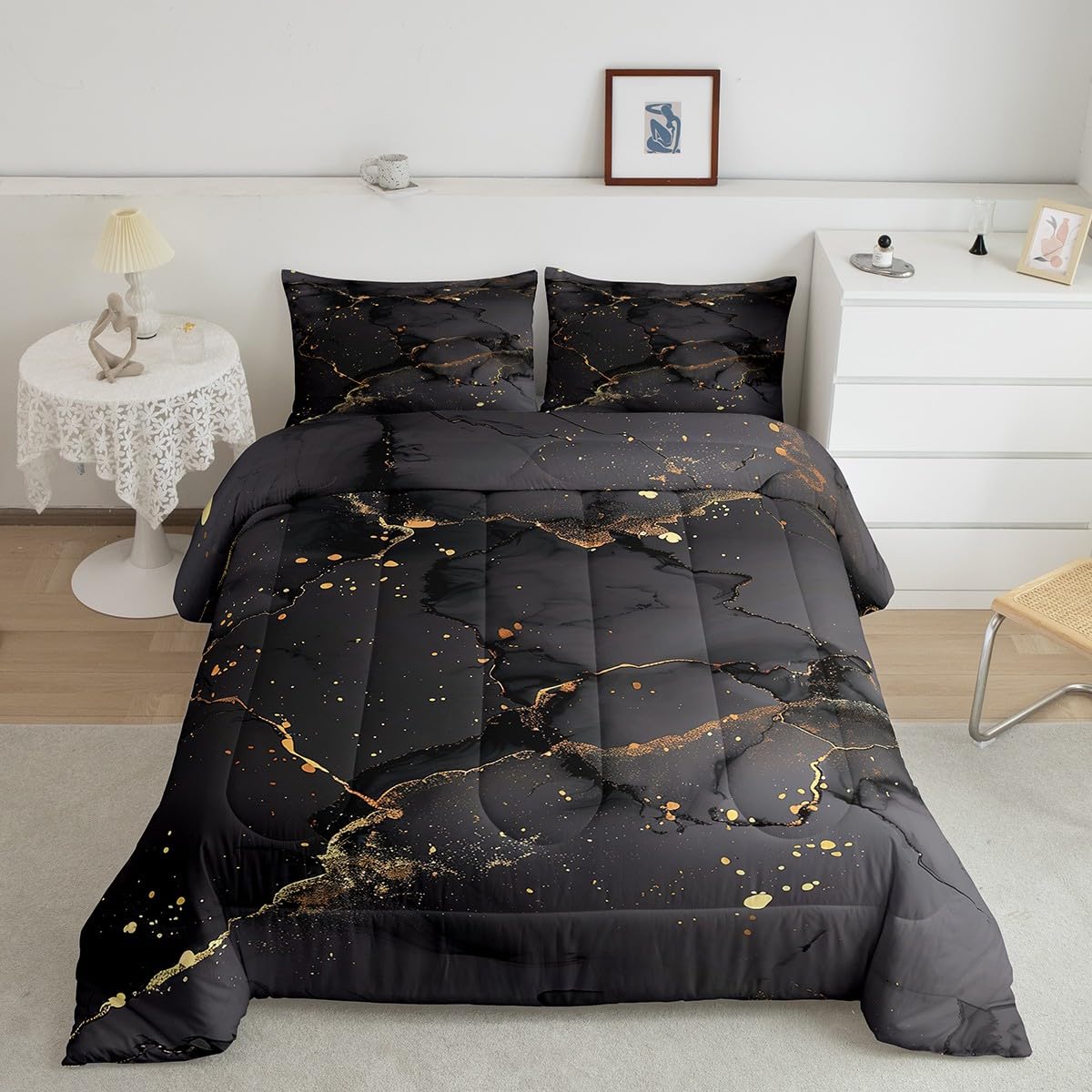 Black Marbling Bedding Twin Gold Metallic Sequin Comforter Set, Dark Grey Marble Bedding Comforter Sets Abstract Aesthetic Artwork Duvet Insert, Modern Fashion Down Comforter Luxurious Room Decor