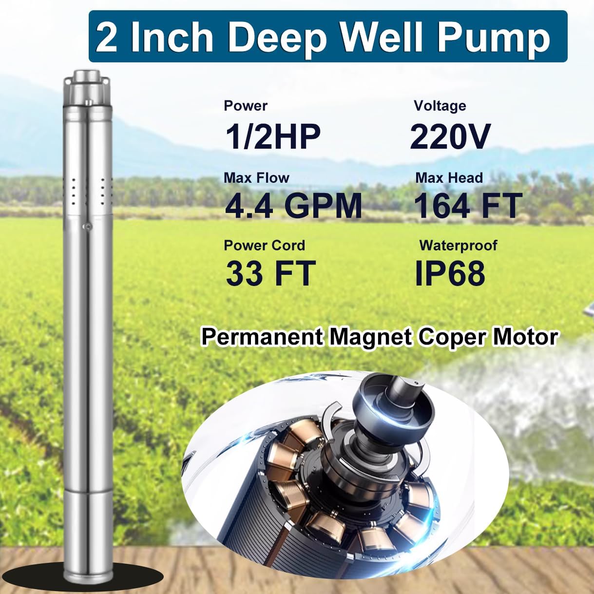 2" Deep Well Submersible Pump, 1/2 HP 220V Deep Well Pump Submersible Water Pump for Industrial Irrigation and Home, 164FT Lift, 4.4GPM, Screw Water Pump with 33FT Power Cord,Long Life