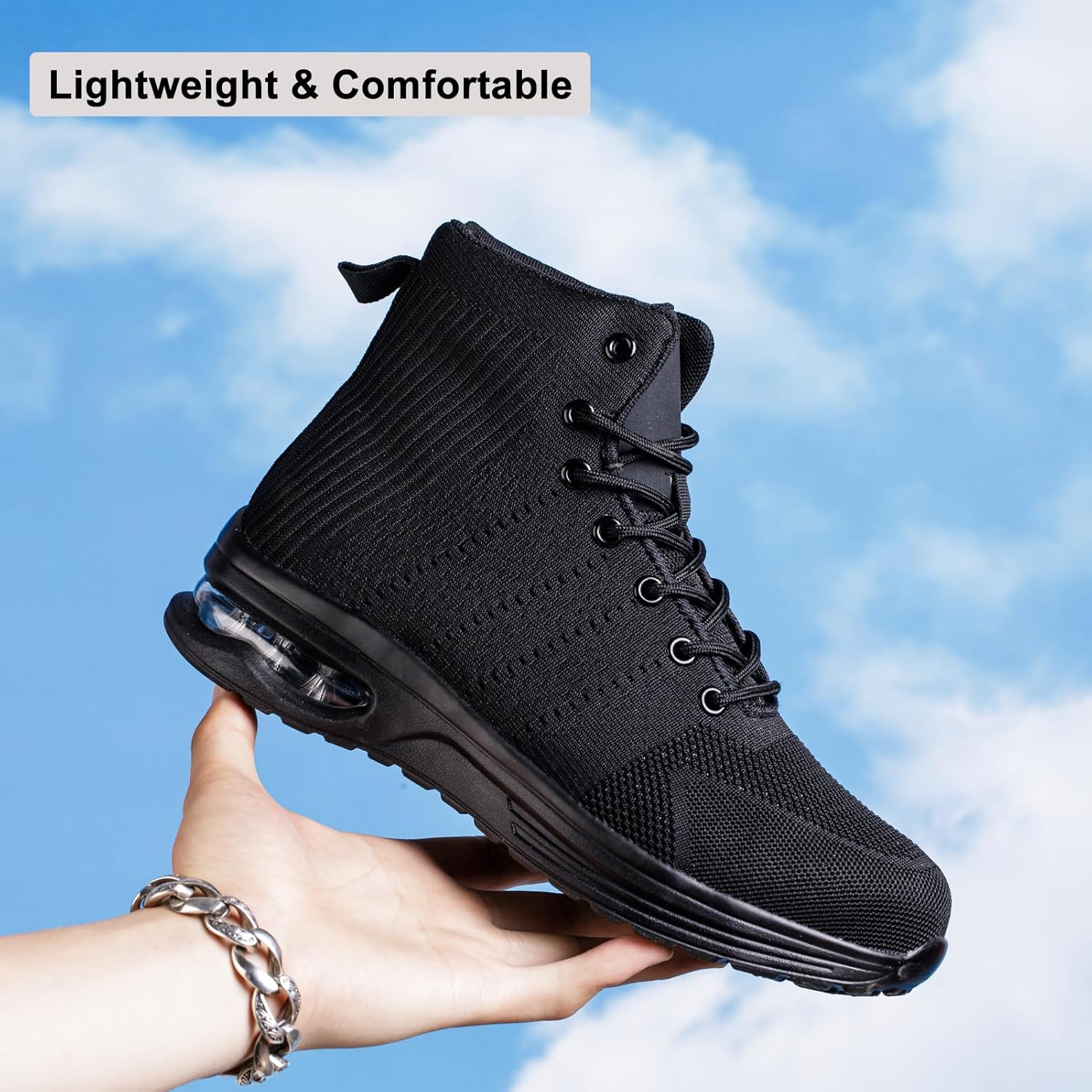 Steel Toe Work Boots for Men or Women, High Top Slip Resistant Safety Shoes Puncture Proof Comfortable Air Cushion Tennis Boots for Industry Construction Warehouse