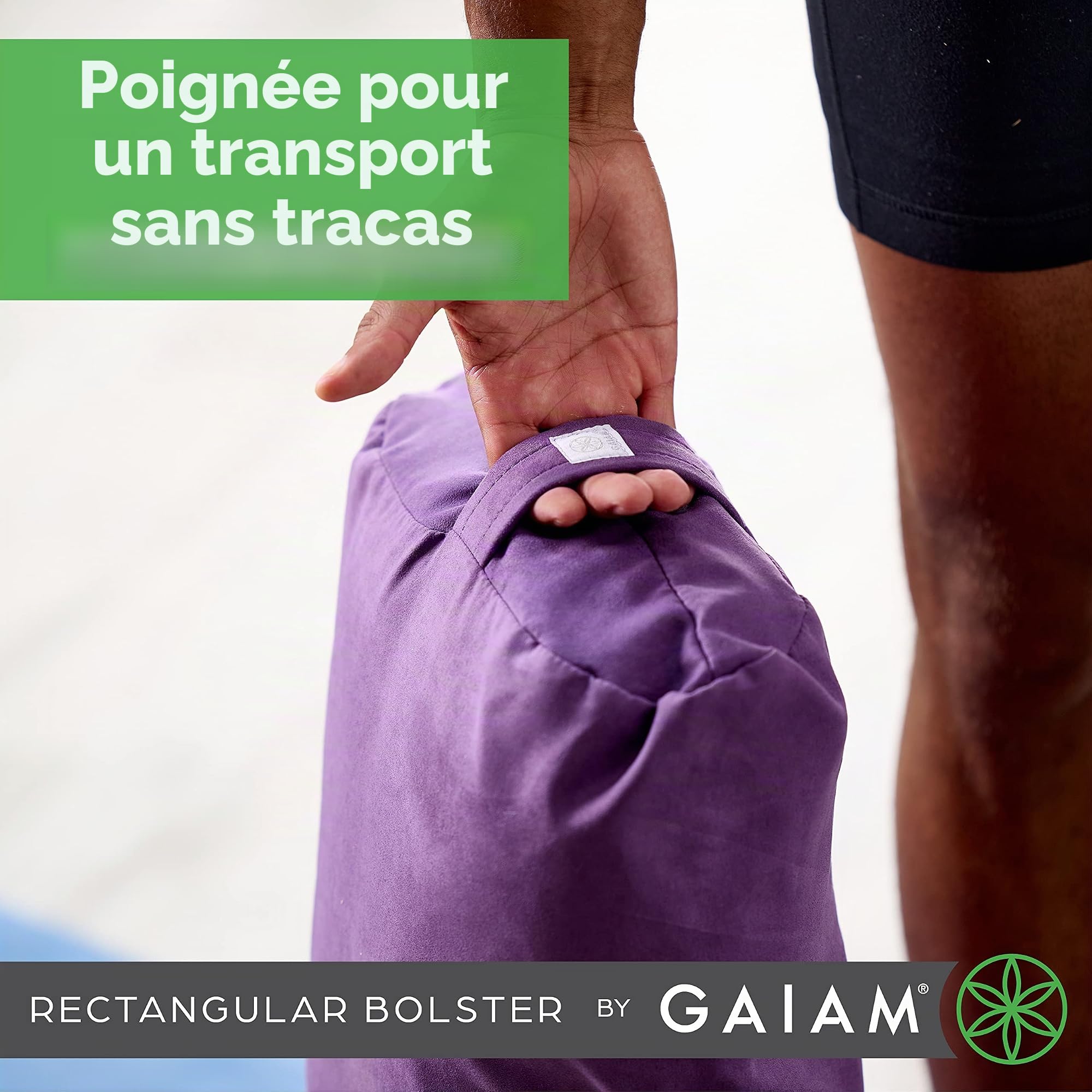 Gaiam Traversin de Yoga – Long Coussin de méditation rectangulaire – Coussin de Soutien pour Yoga réparateur et Assise sur Le Sol – poignée de Transport intégrée – Housse Lavable en Machine