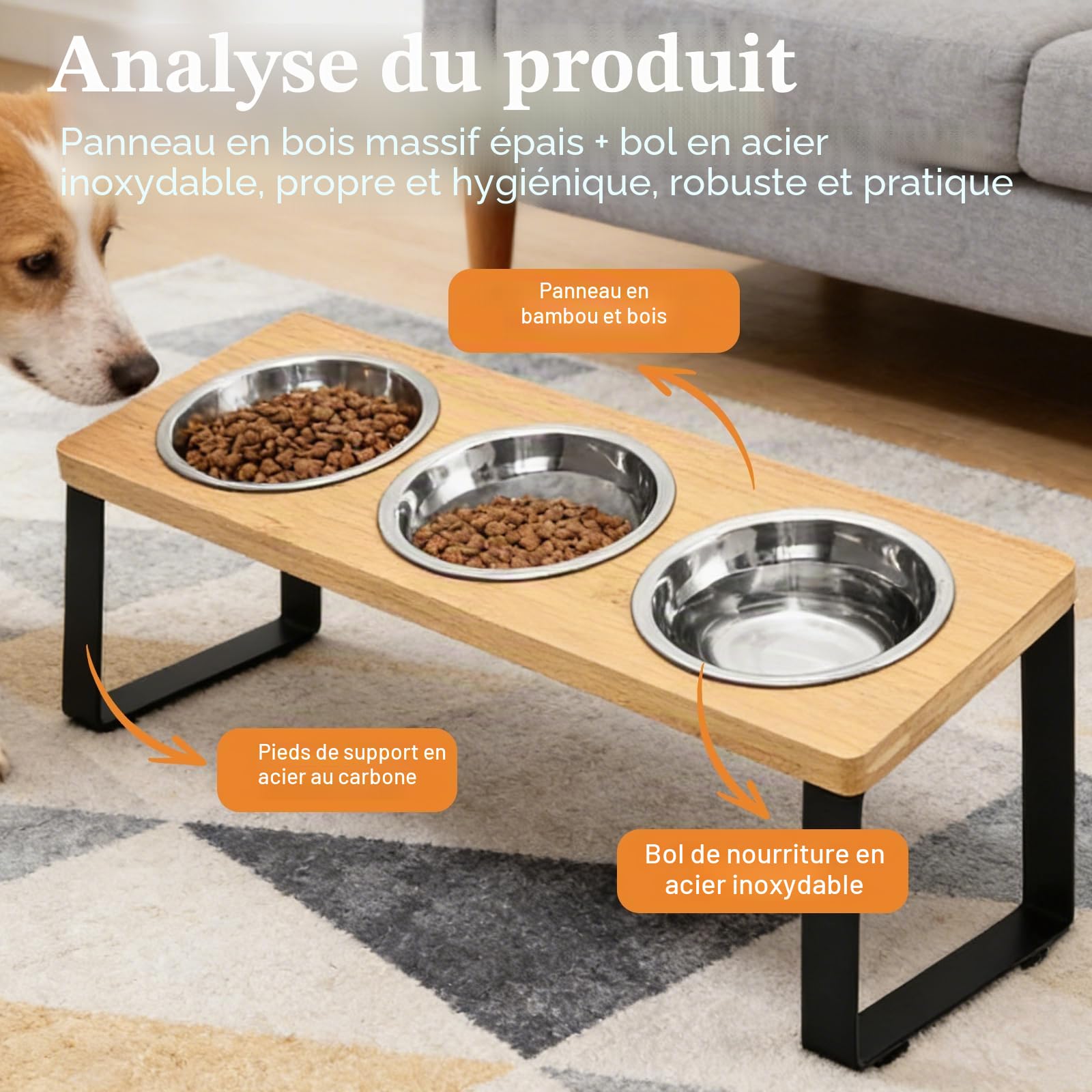 Gamelle Surélevée pour Chat, Station d'alimentation Surélevée avec 3 Gamelles en Acier Inoxydable, Ensemble de Gamelles inclinées à 15° avec Support en Bois, Gamelle pour Chat et Chien