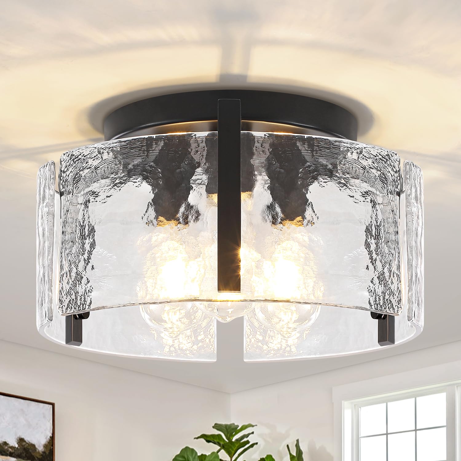 Photo 1 of 15'' Modern Black Semi Flush Mount Ceiling Light, Hallway Light Fixtures, 3-Light Glass Ceiling Lights for Entryway Kitchen Island Dining Room Foyer Bedroom Laundry Room Bathroom Lighting Fixtures