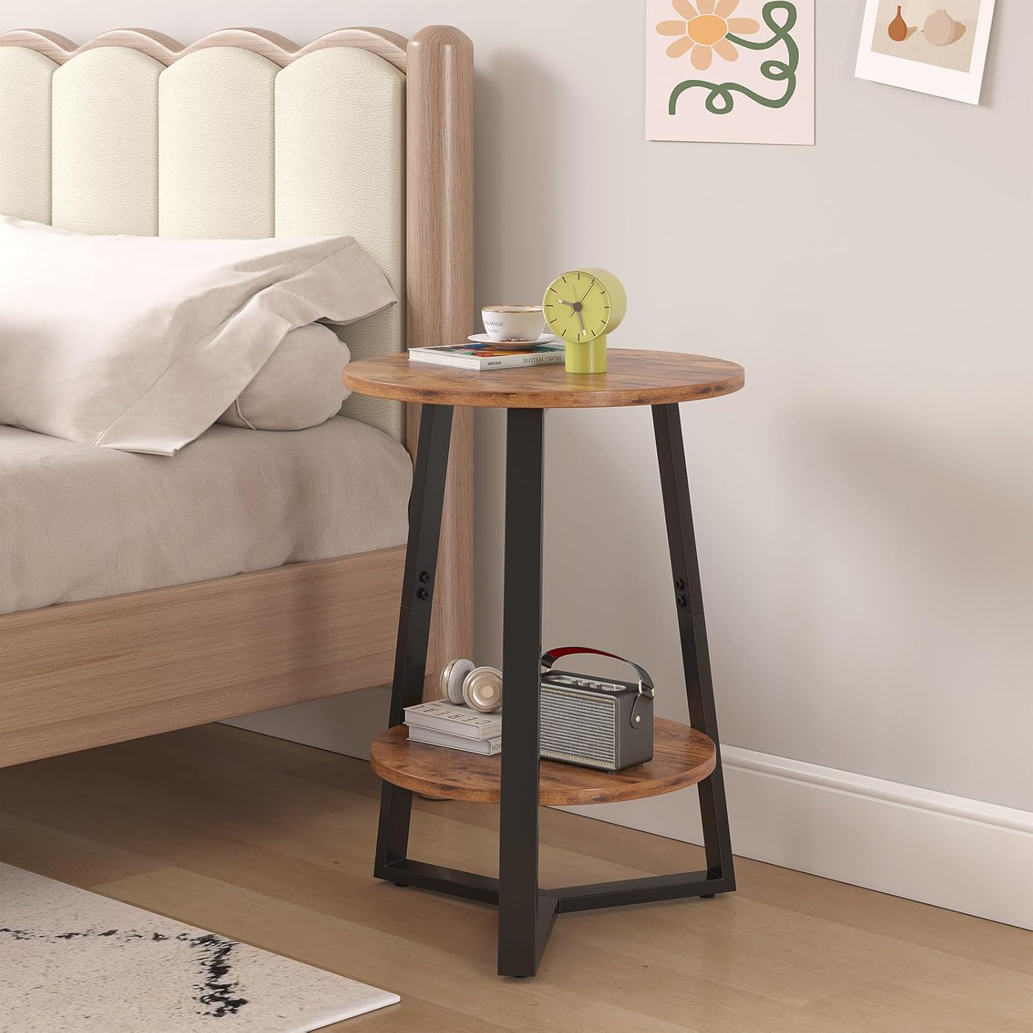 Small Round End Table Set of 2,2 Tier Side Table Set 2 with Storage Shlef,Coffee Table Wooden Tabletop & Metal Frame,Accent Table Small Nightstands Couch Tables Livingroom Bedroom,Rustic Brown