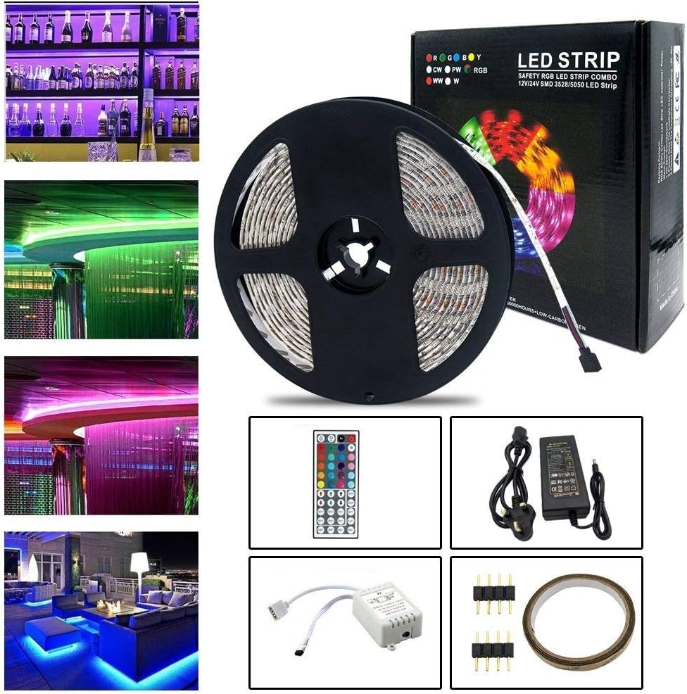 Neraon 12V DC RGB LED Strip Lights Kit, 5M 300 Units Color Changing Waterproof Led Strips, SMD 5050 LED Strip Light with Remote for Indoor Home Kitchen Bar Party