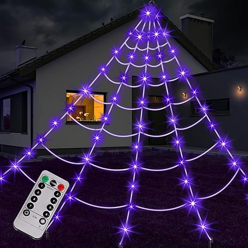 Decoración de Halloween de telaraña para exteriores, 125 luces LED moradas de 16.4 pies de telaraña gigante y 22 pequeñas arañas falsas y telaraña