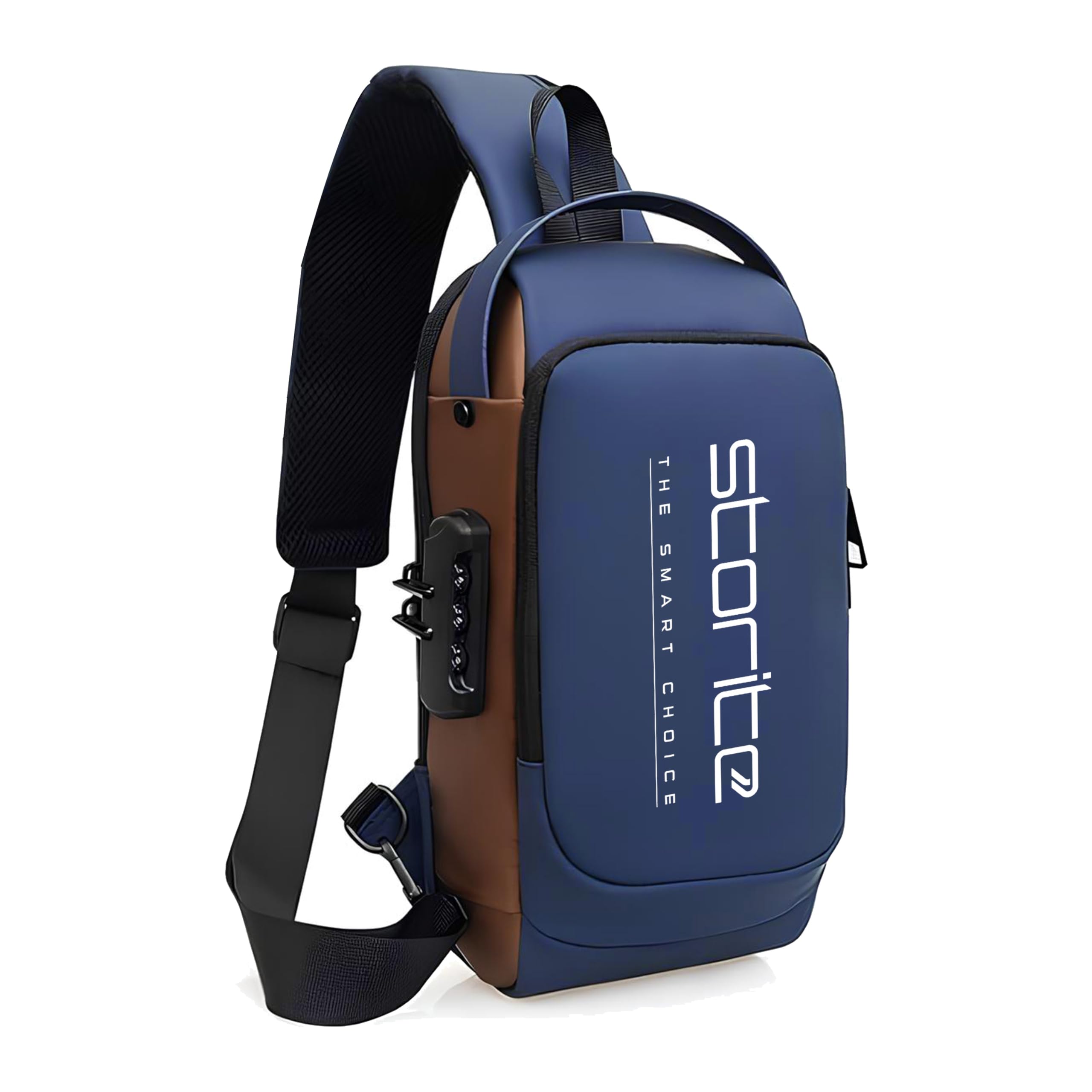 Storite Crossbody Chest Bag for Men & Women, Blue/Brown, 17x9x32 cm | Durable Polyester, Anti-Theft Design, USB Charging Port, 5 Zipper Pockets, Adjustable Strap, Travel, Office, Daily Use