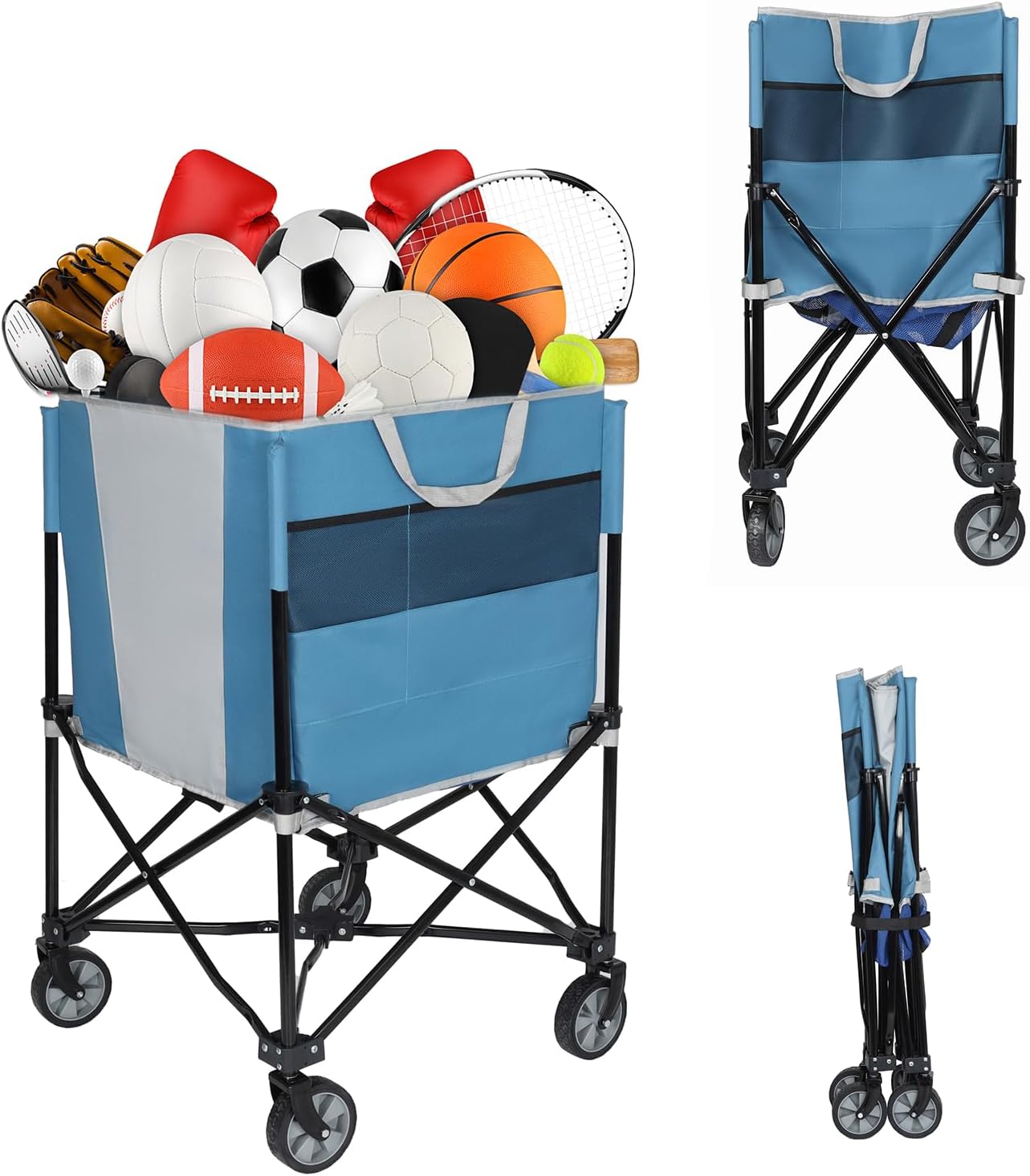 Volleyball Ball Storage Cart with Wheels - Tennis Ball Hopper Cart, Portable Baseball Cart, Collapsible Garage Sports Equipment Organizer for Volleyball Basketball Tennis Toy (Blue+Grey)