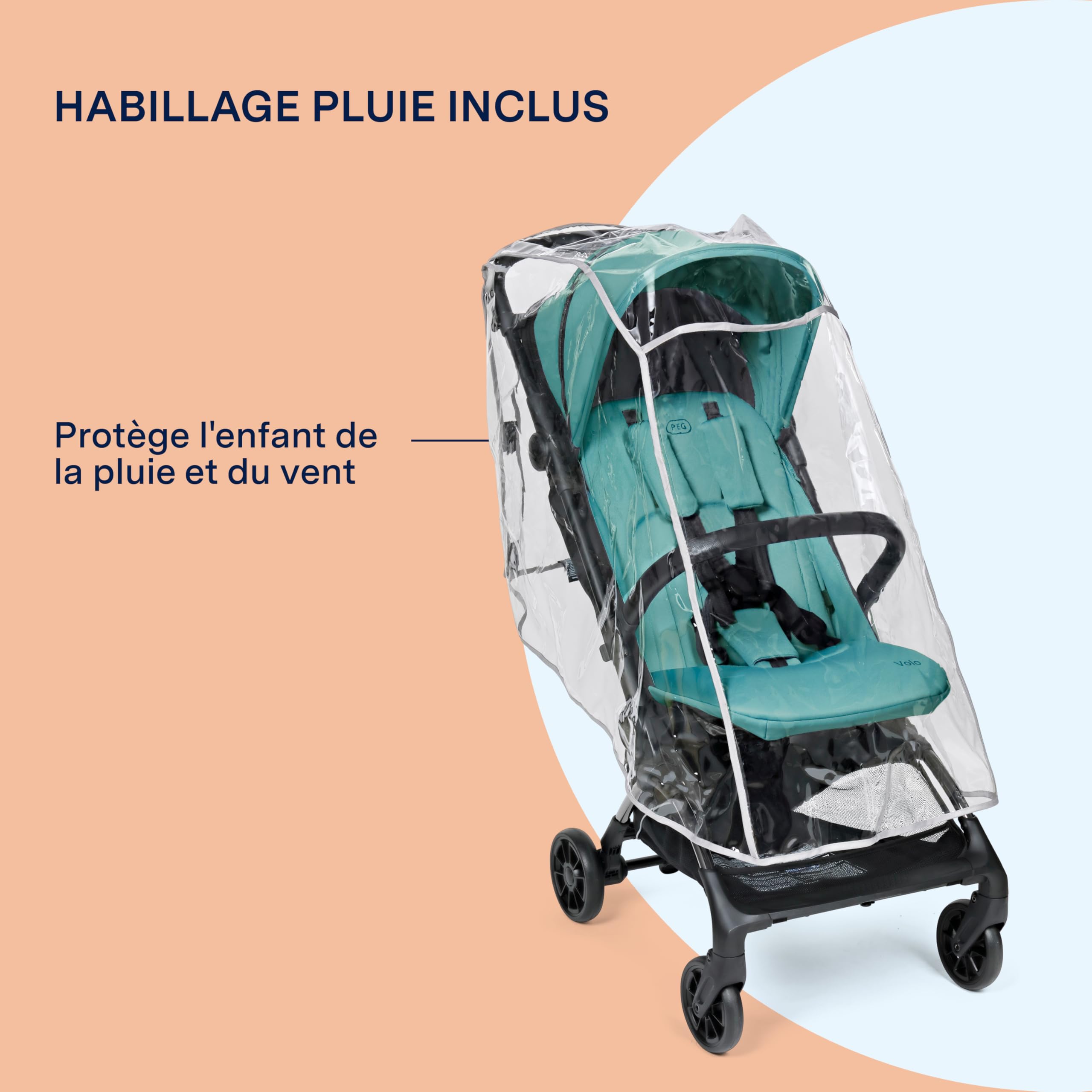 PEG Poussette Légère Volo avec Habillage Pluie, Format Cabine Avion, Ultra Compacte, Dès la Naissance jusqu’à 22 kg, Sac de Transport Inclus, Tahiti