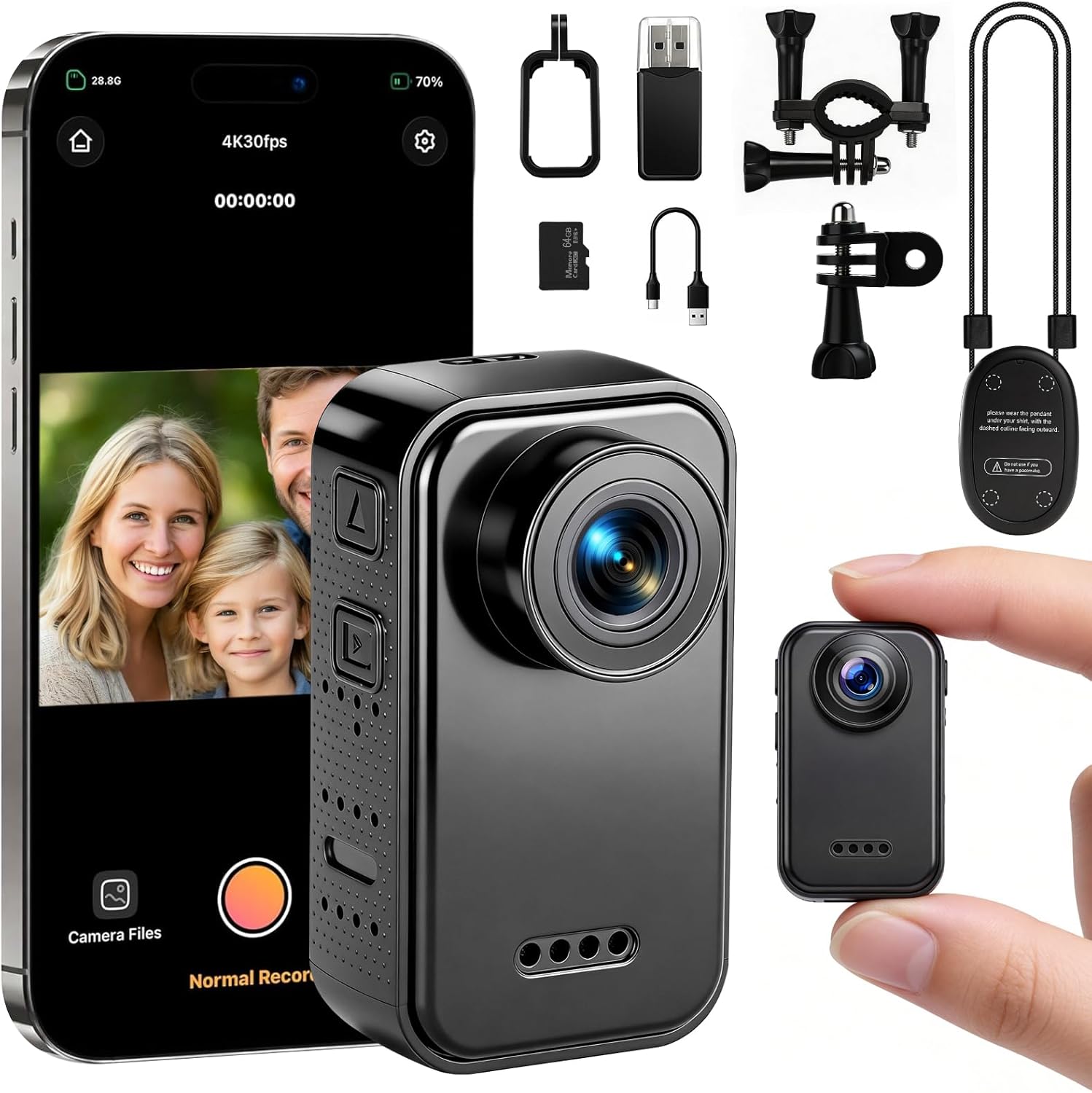 4K Mini Body Camera,Thumb Camera,Mini Body Sports Action Camera with 64GB Storage, Hands Free POV Magnetic Wearable Cam, Thumb Size Mount Anywhere for Cycling Hiking Running Vlogging Pet Walking