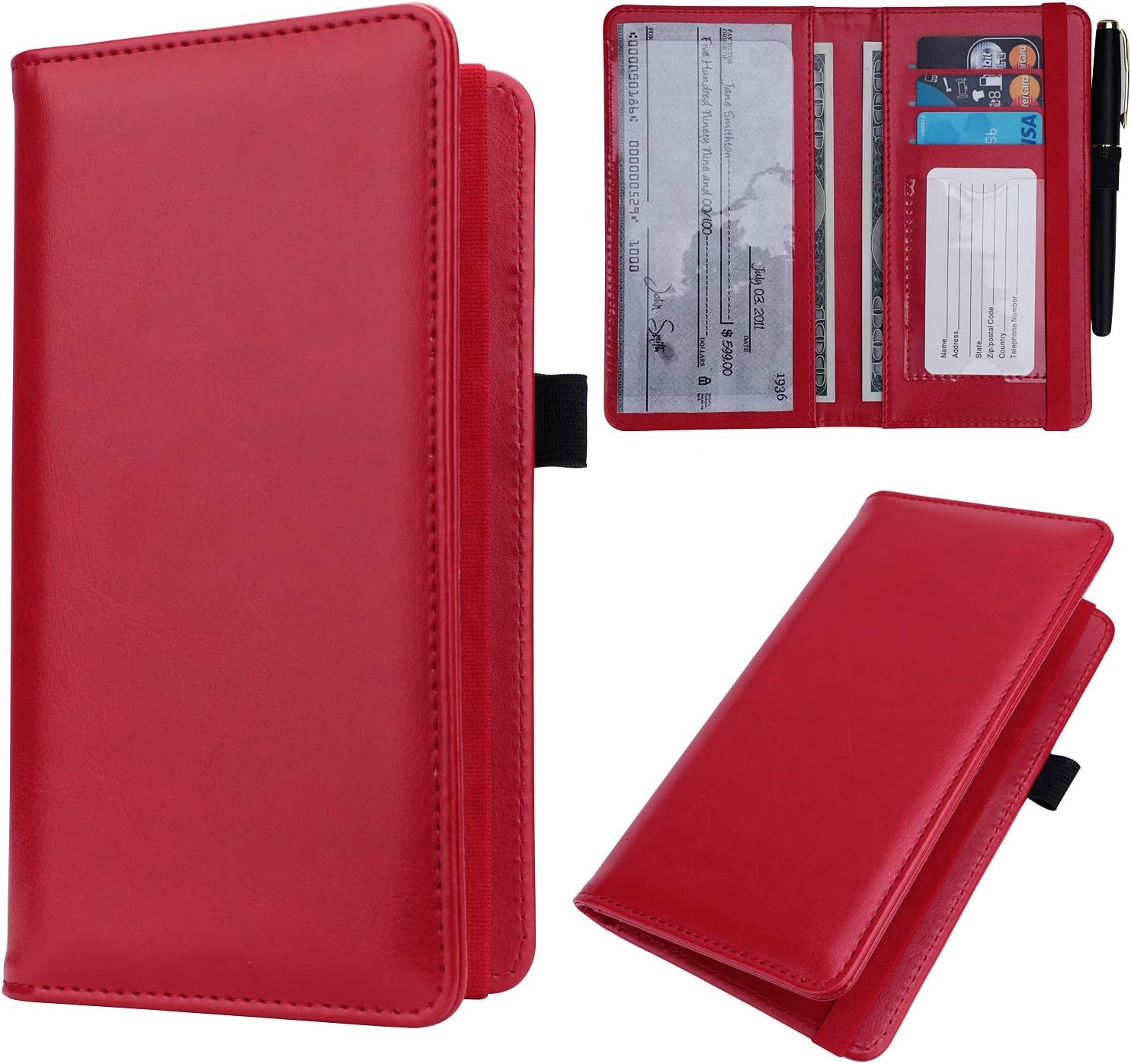 GDTK Checkbook Cover for Women & Men, Microfiber Leather Check Book Holder Wallet (3-Red)