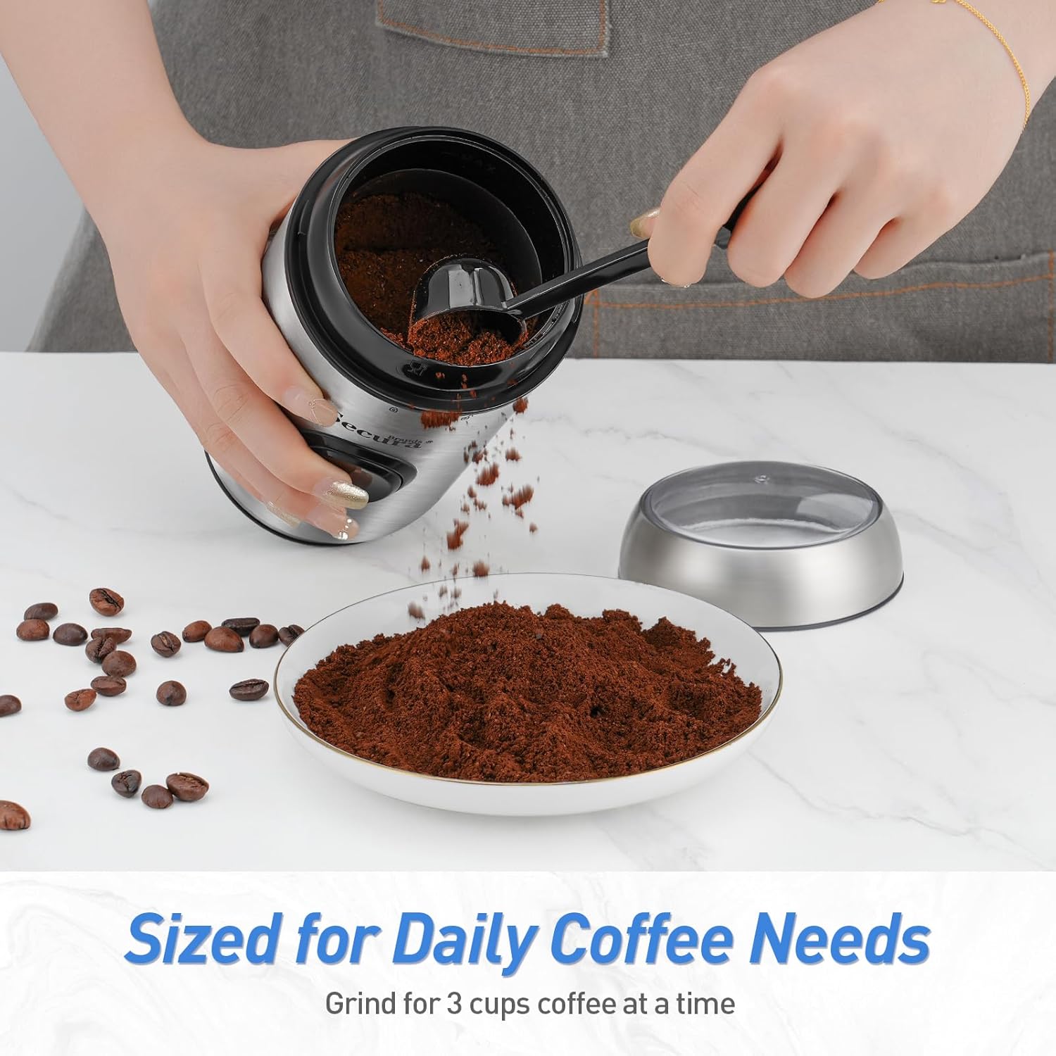 Secura Brands Electric Quiet Coffee Grinder, One-Touch Pulse Control Stainless Steel Coffee Grinder for Beans and Spices & Herbs, Silver