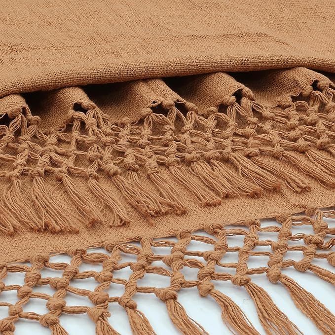 Image of HAKAM Cotton Throw Blanket with Macrame Tassels for 3 Seater Sofa | Ideal for Your Home, Living Room, Sofa, Bed, Chair, Picnic & Used for Gift - 50X70 inch | Light Orange (128x178 cm)
