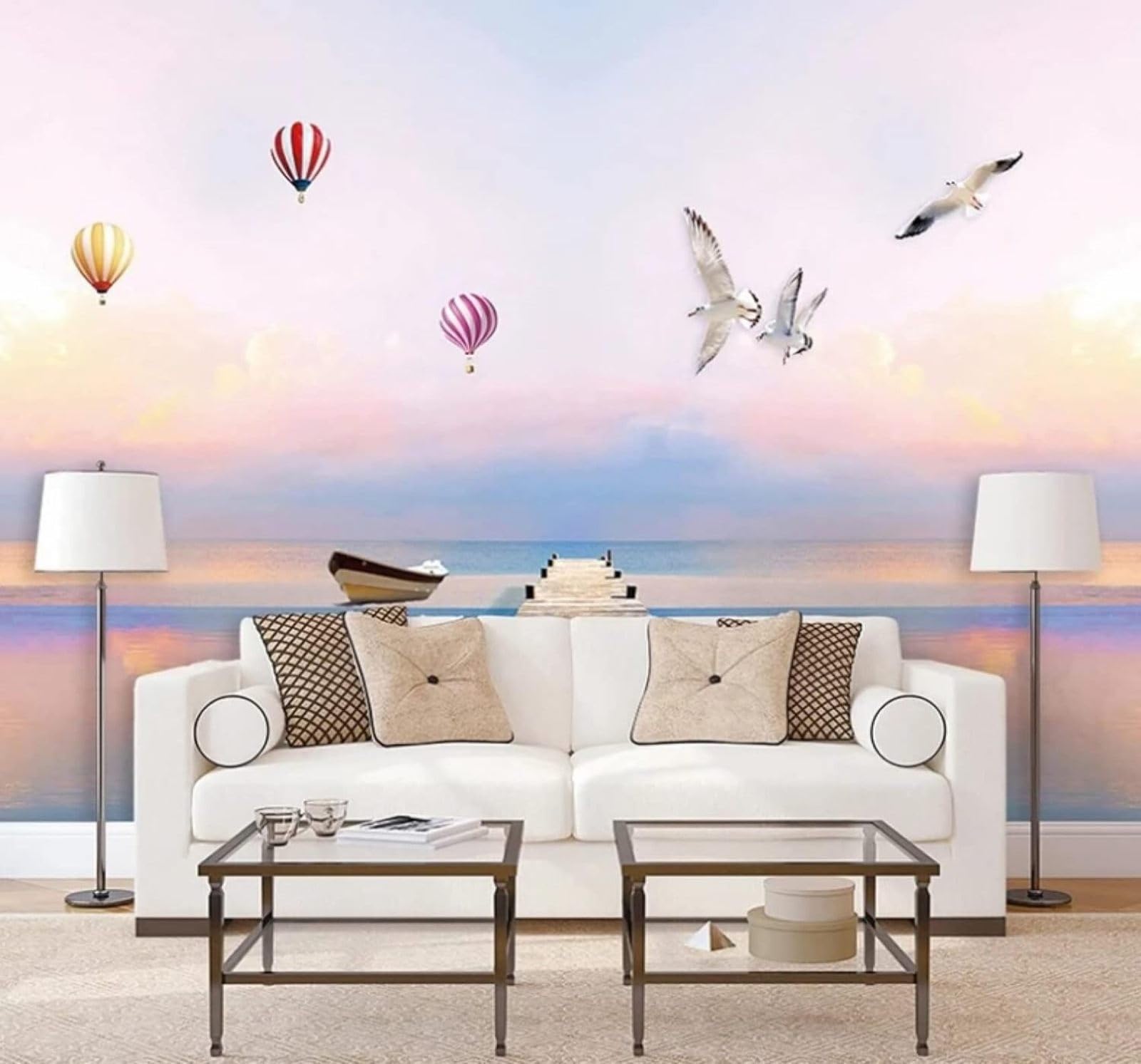 Xlming 400Cm×280Cm(B×H) Beautiful Ocean Wooden Bridge Hot Air Balloon Sunset 3D Wallpaper Luxury Silk Study Dining Feature Sofa Grey Bedroom Living Room Tv Decorative Wall-400Cm×280Cm