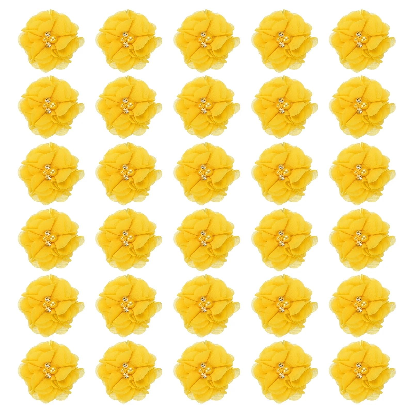 MDSRFGN Fabric Flowers 12/30pcs Chiffon Flowers Rhinestone Pearl Sewing Fabric Artificial Appliques For Clothing Wedding Craft(Yellow,30Pcs)
