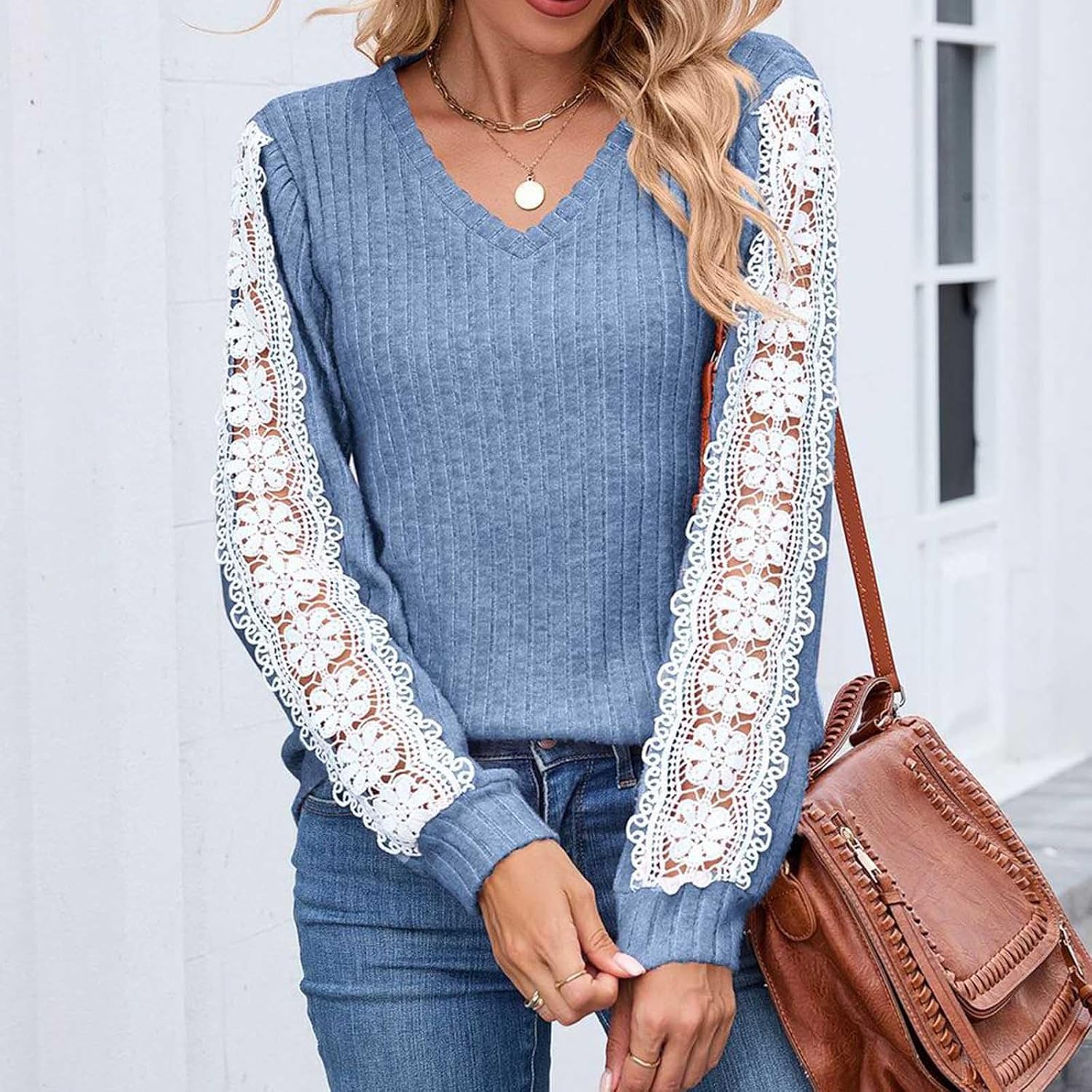 Women Long Sleeve with Lace Embroidery Shirts Casual Fall Tees V Neck Basic Tunic Tops Solid Color Loose Fit Clothes