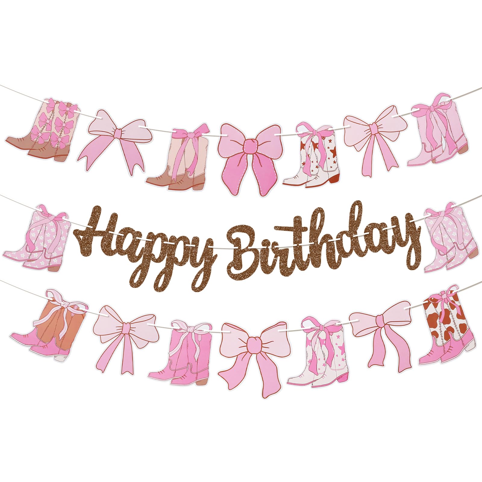 BLMHTWO 3PCS Coquette Cowgirl Birthday Banners, Boots and Bows Party Decorations Western Coquette Cowgirl Birthday Decorations Glitter Brown Party Banner for Girls Western Theme Supplies (Coffee)