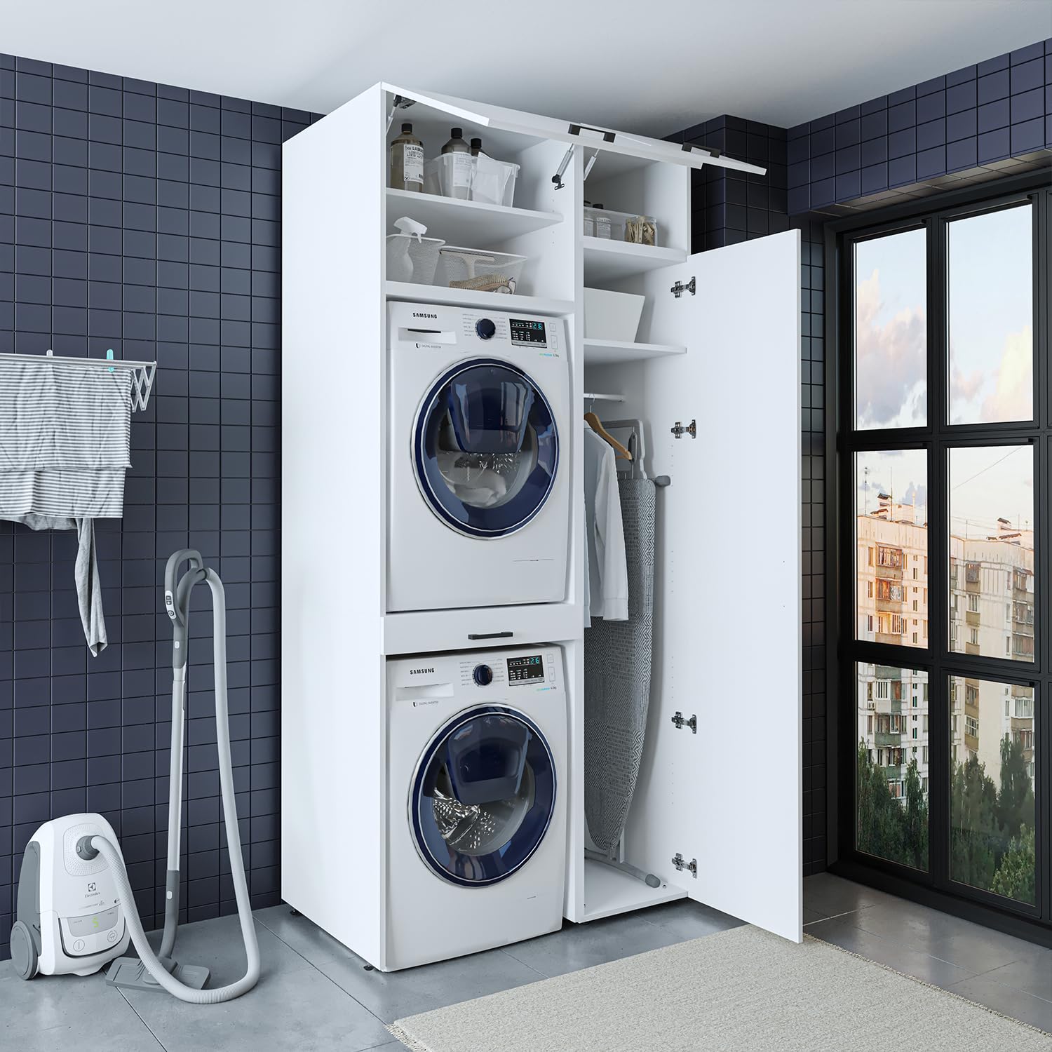 ROOMART Mobile per lavatrice, serie Duo-I, larghezza 112 cm, per asciugatrice e lavatrice, in 3 colori (bianco, V2 HBT: 240 x 112 x 67 cm, 1 ripiano)