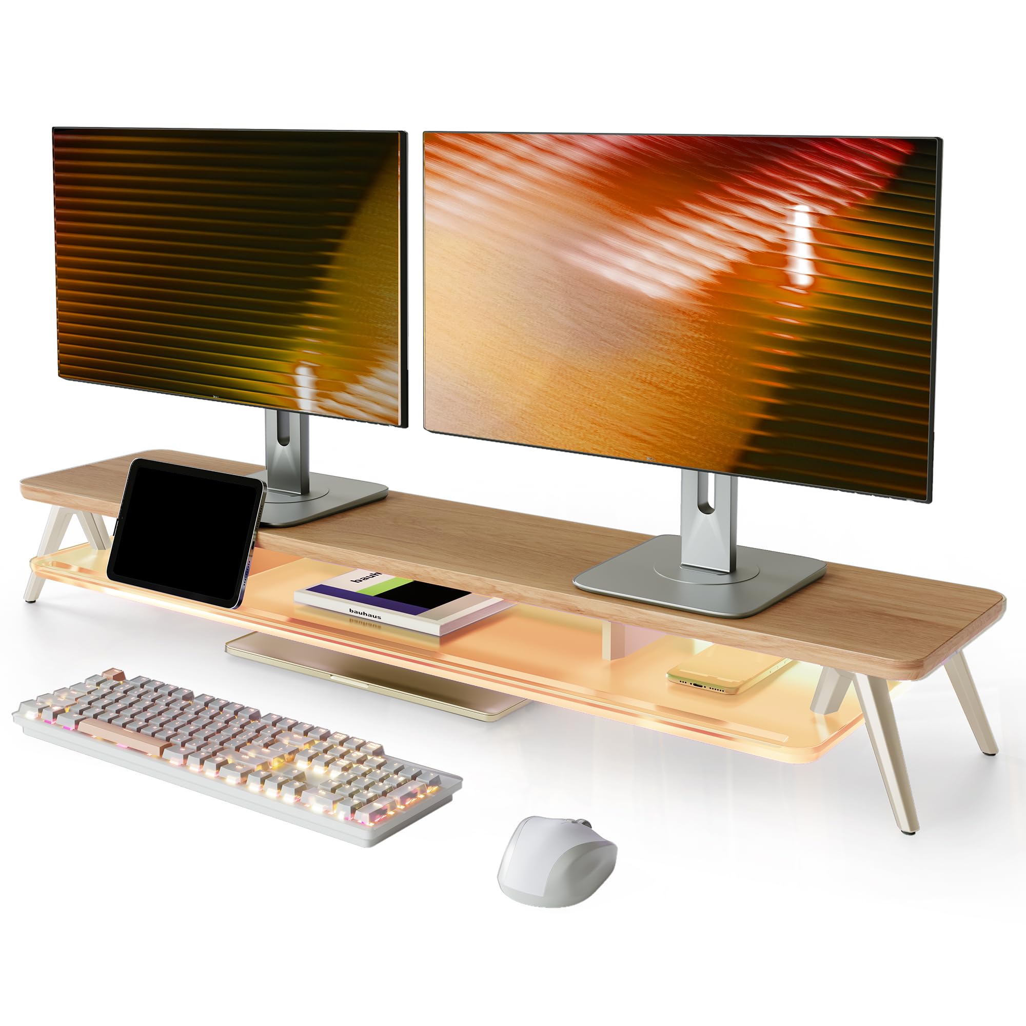 Fenge Support Ecran PC, 108cm, Ruban LED, Pour Ordinateur TV, Chêne Foncé