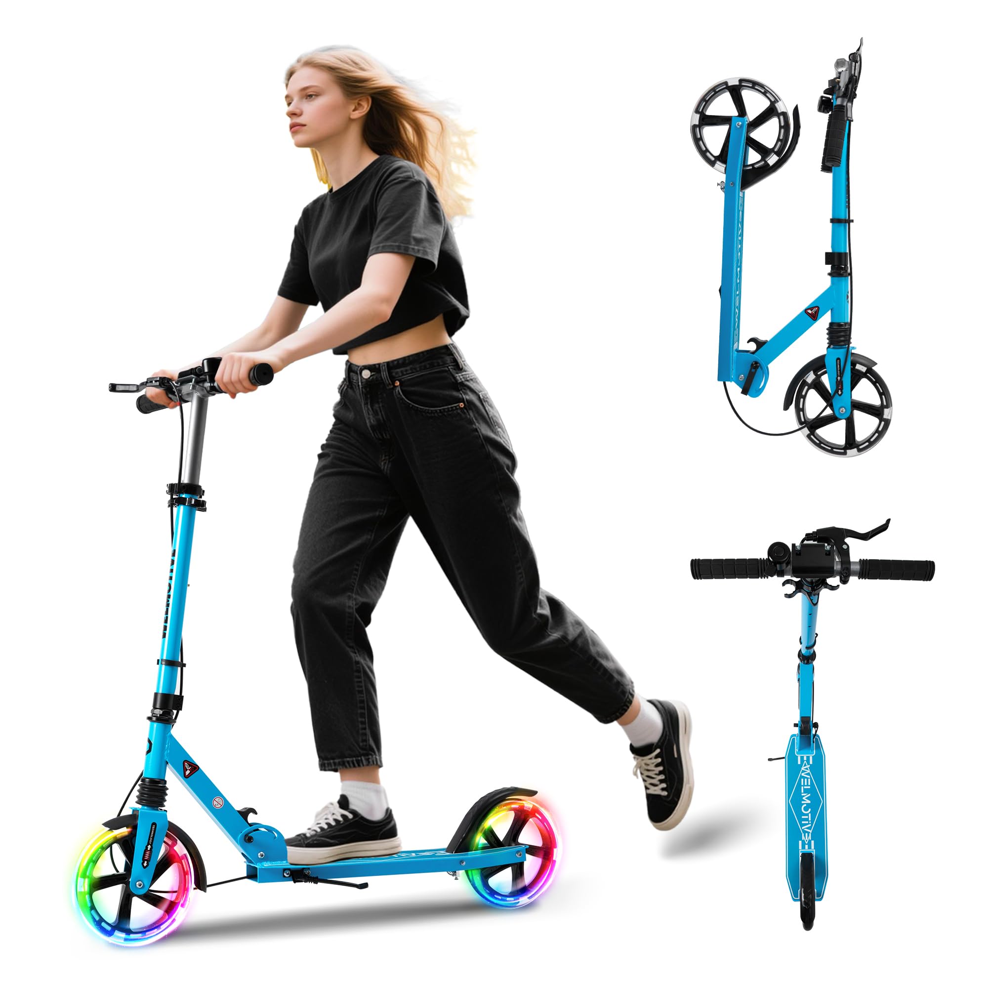 Kick Scooter for Kids Ages 6+ Teens & Adults, with front handbrake and Rear Brake, and Adjustable Handlebars, Big Sturdy PU flash Wheels Great Gift & Toy (Blue)